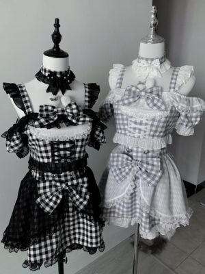 Plaid jirai kei stage outfit set with furry bunny ear off-shoulder blouse and detachable choker displayed on mannequin showing front view with gingham pattern and lace trim details