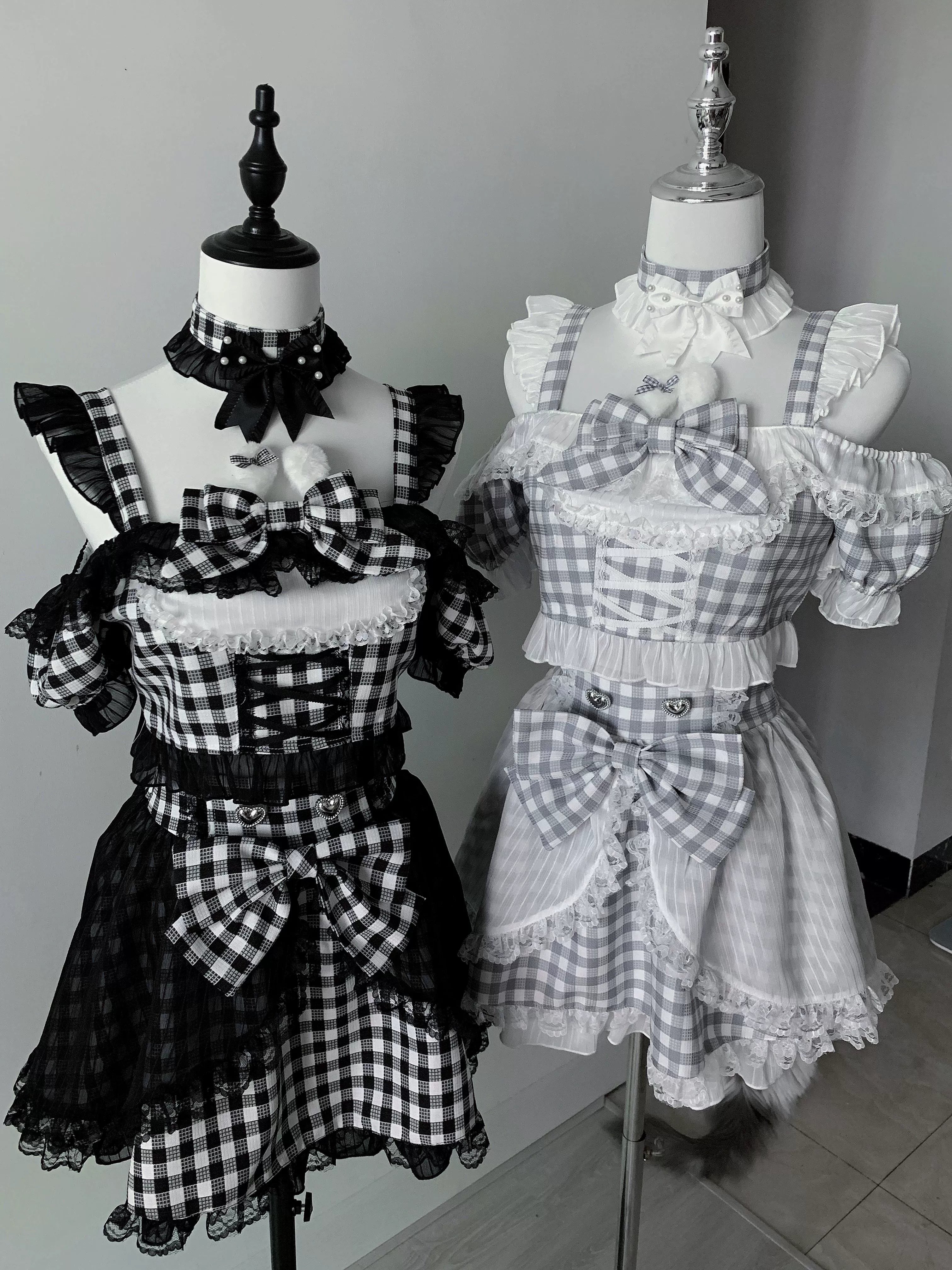Plaid jirai kei stage outfit set with furry bunny ear off-shoulder blouse and detachable choker displayed on mannequin showing front view with gingham pattern and lace trim details