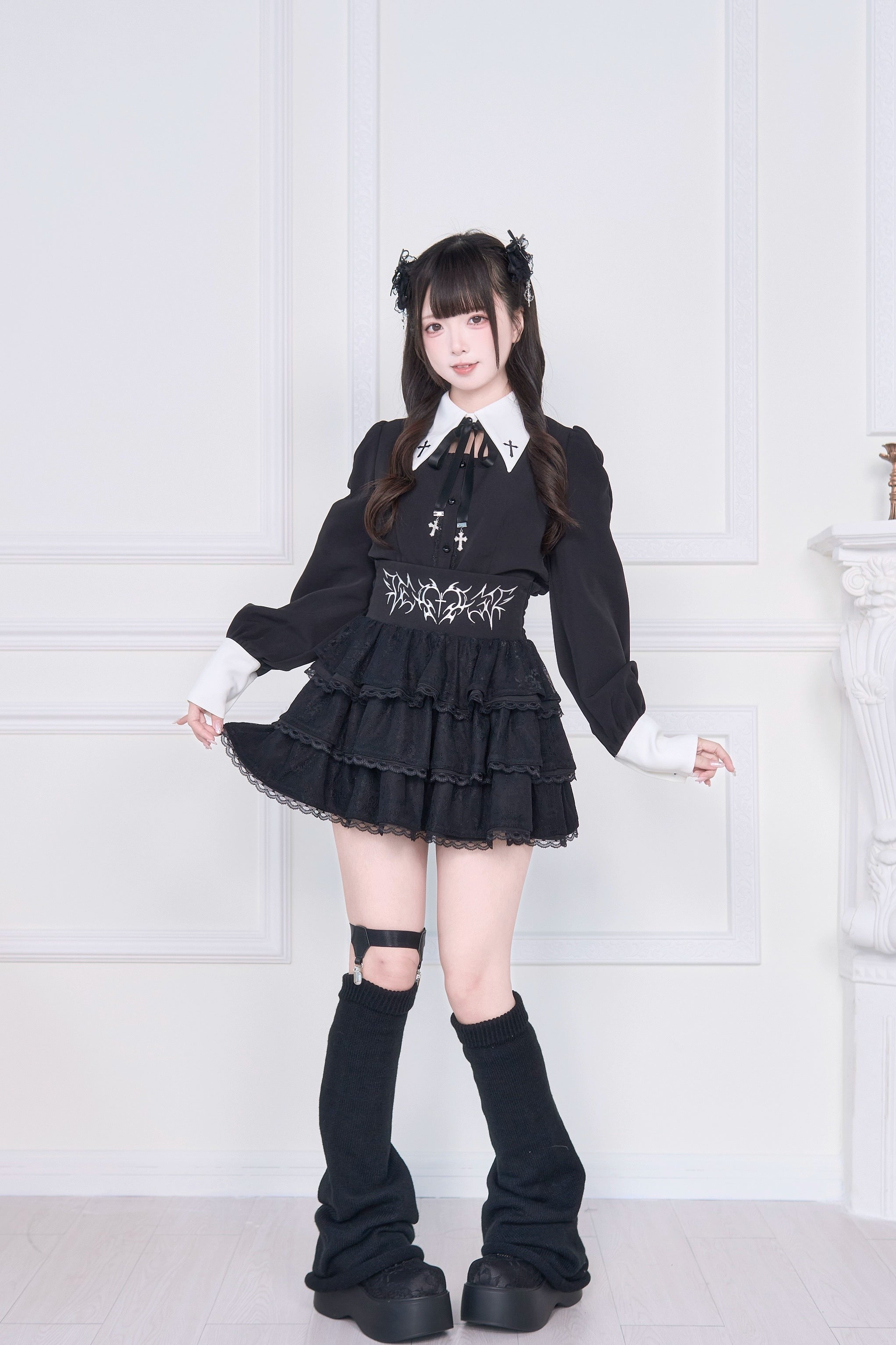 Jirai Kei blouse variations white and black color options metal cross pendant necklace detail