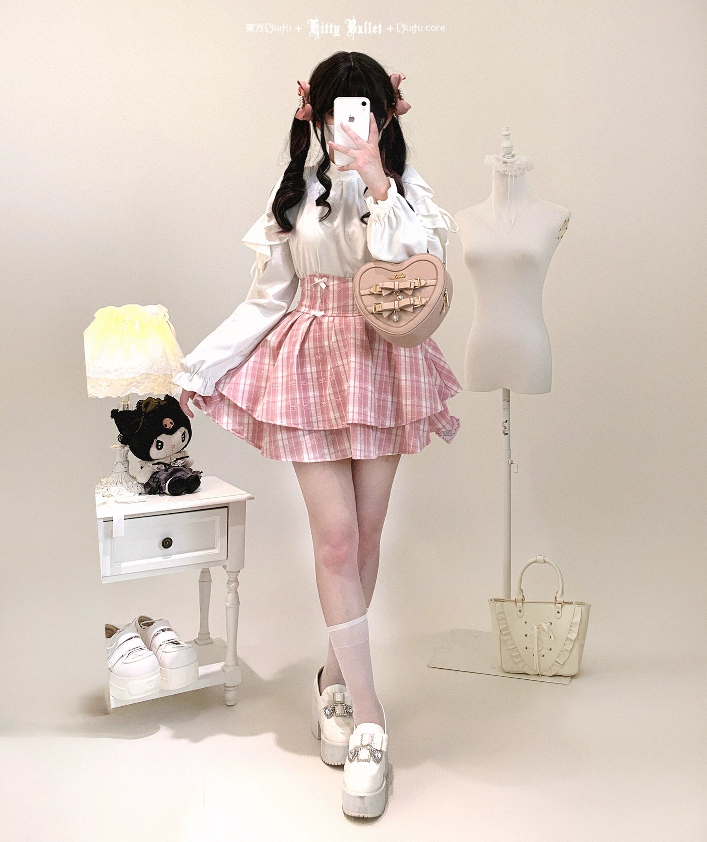Jirai Kei cold-shoulder ruffled blouse back button closure design detail practical elegant