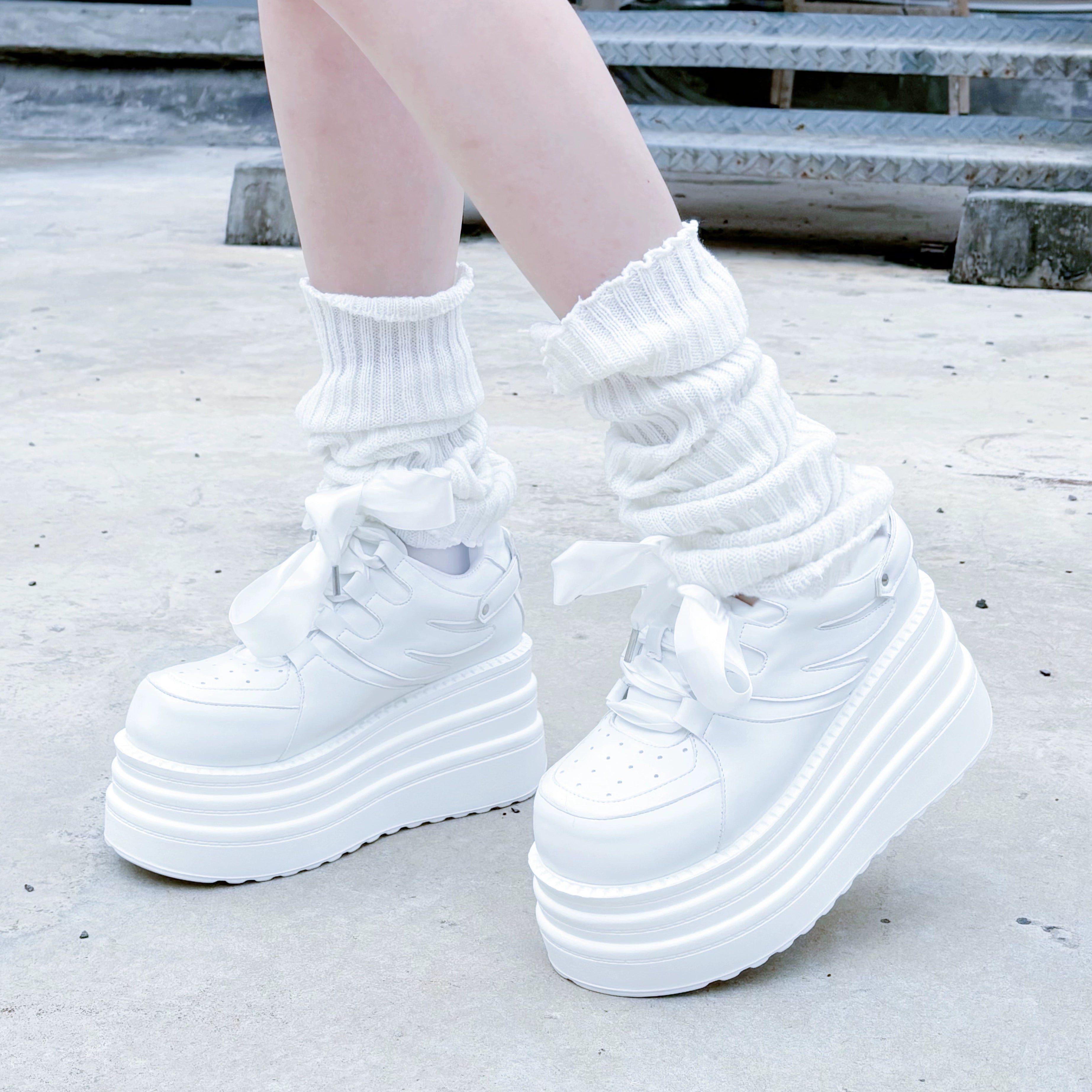 Jirai Kei platform sneakers white colorway lifestyle wear styling outfit coordination aesthetic