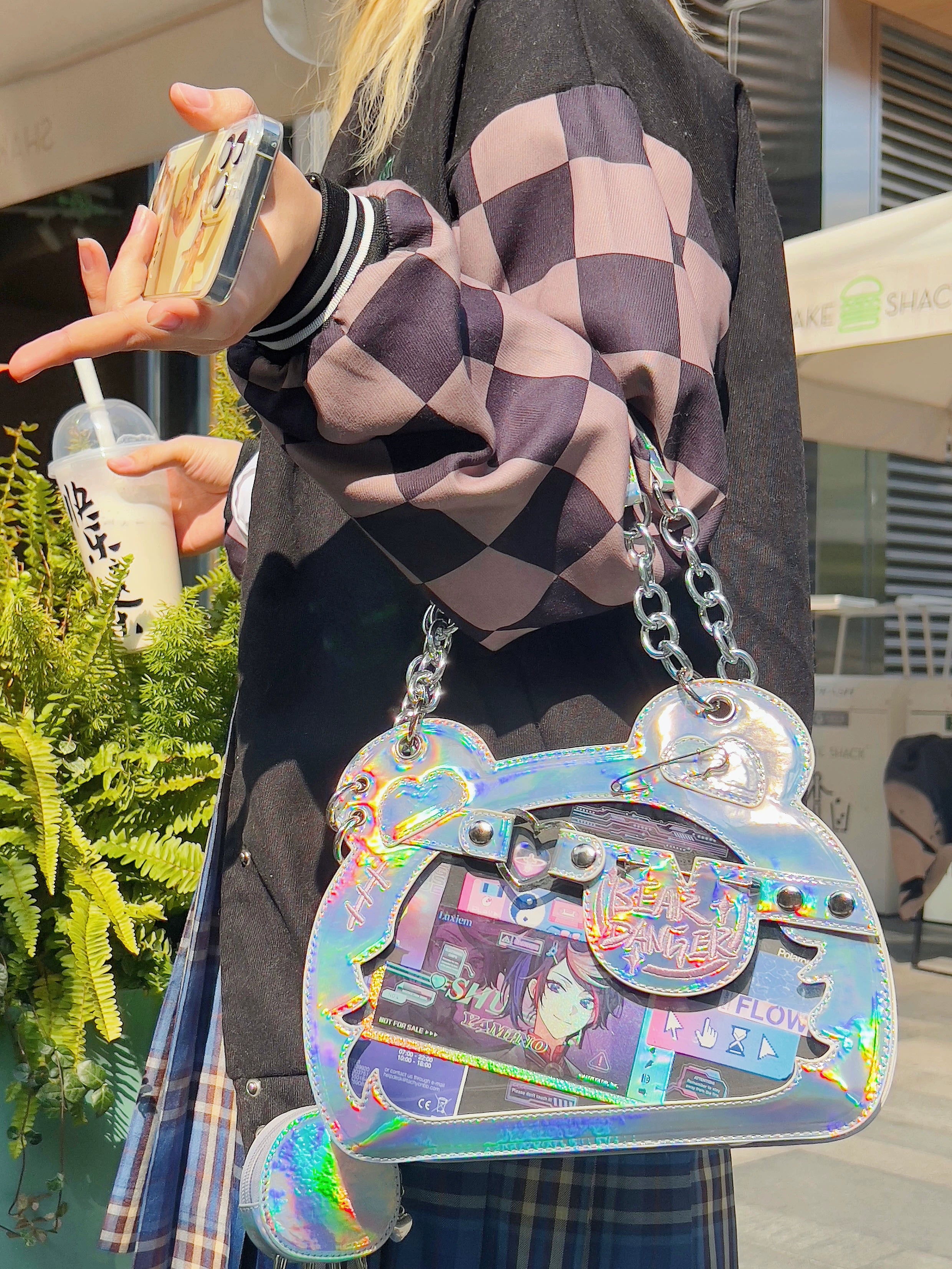 Crossbody and backpack carrying straps for bear-shaped jirai kei ita bag, showing versatile styling options for spicy fashion