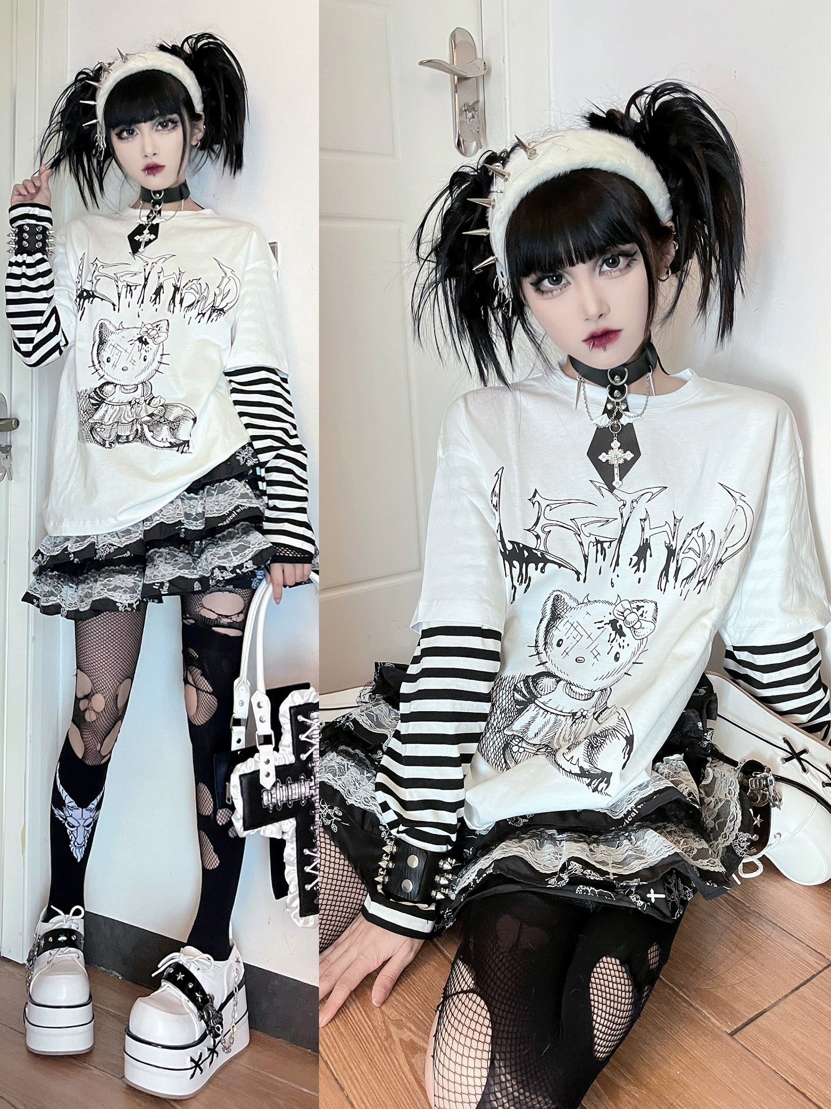 Mixed standing and sitting shots of white-base jirai kei striped fake two-piece tee with black-white striped sleeves and anime cat graphic, platform shoes alternative look