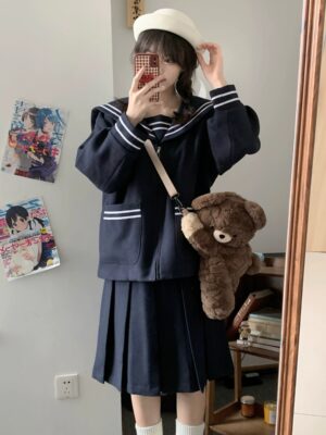 Jirai kei sailor uniform side front angle mirror selfie with teddy bear crossbody shoulder bag navy coat white trim