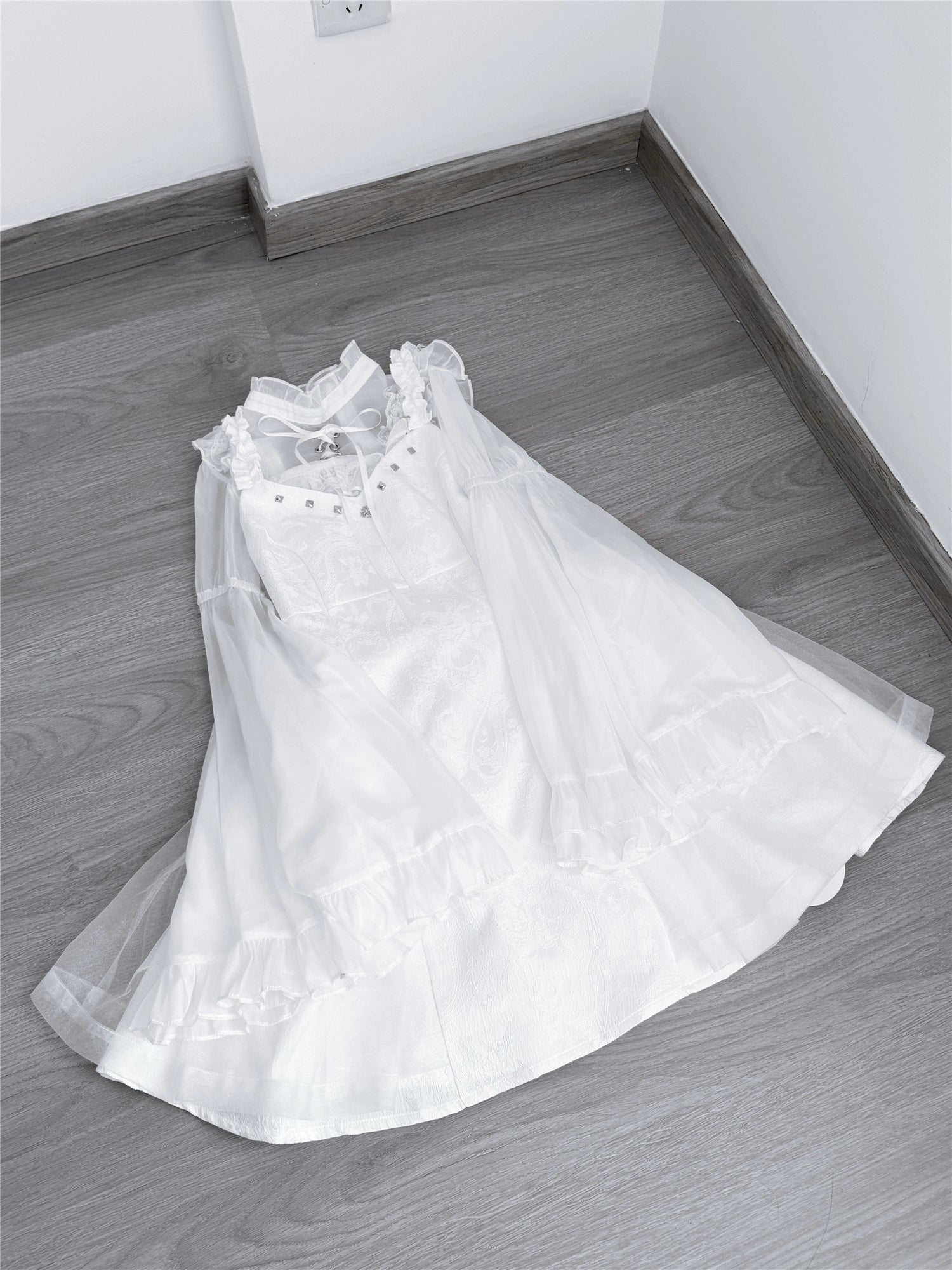 White Jirai Kei jumper dress standalone flat lay showing color texture and jacquard weave construction