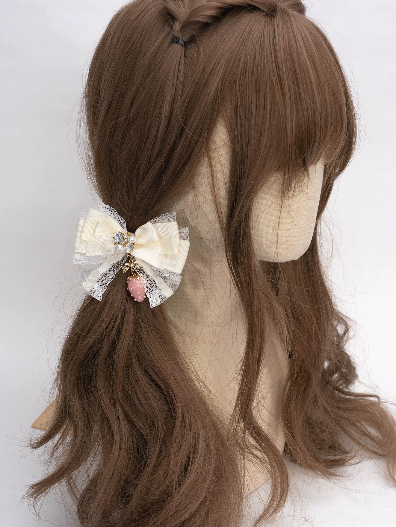 Black strawberry Jirai Kei hairpin with lace detail and rhinestone trim bold statement piece