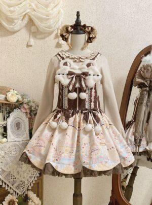 Biscuit bear Jirai Kei JSK jumper skirt full front view on mannequin displaying bear applique chest trim and delicate biscuit print pastel skirt with pom-pom decorations vintage indoor setting