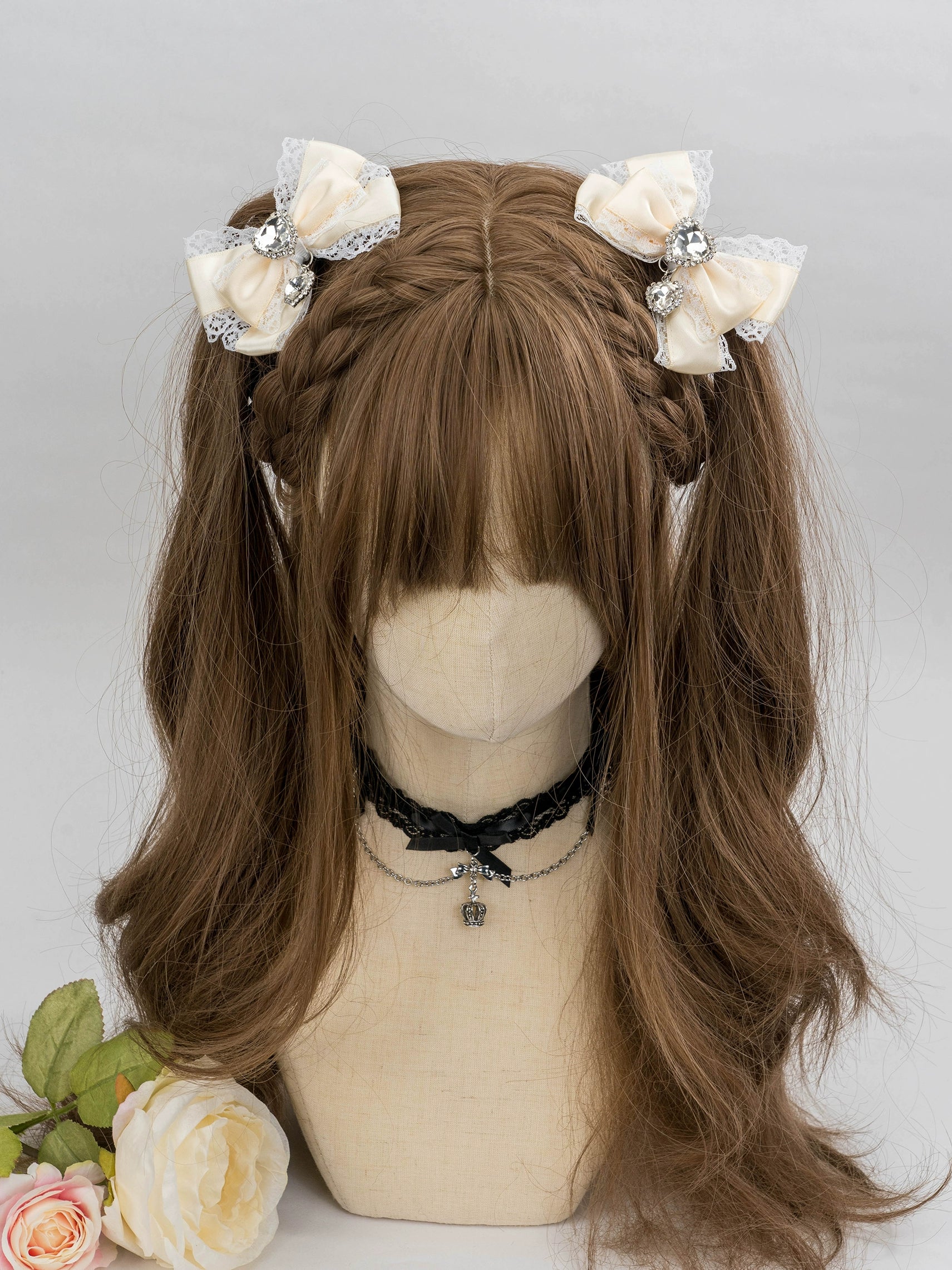jirai kei lace rhinestone bow hair clip detailed texture close-up showing quality craftsmanship materials