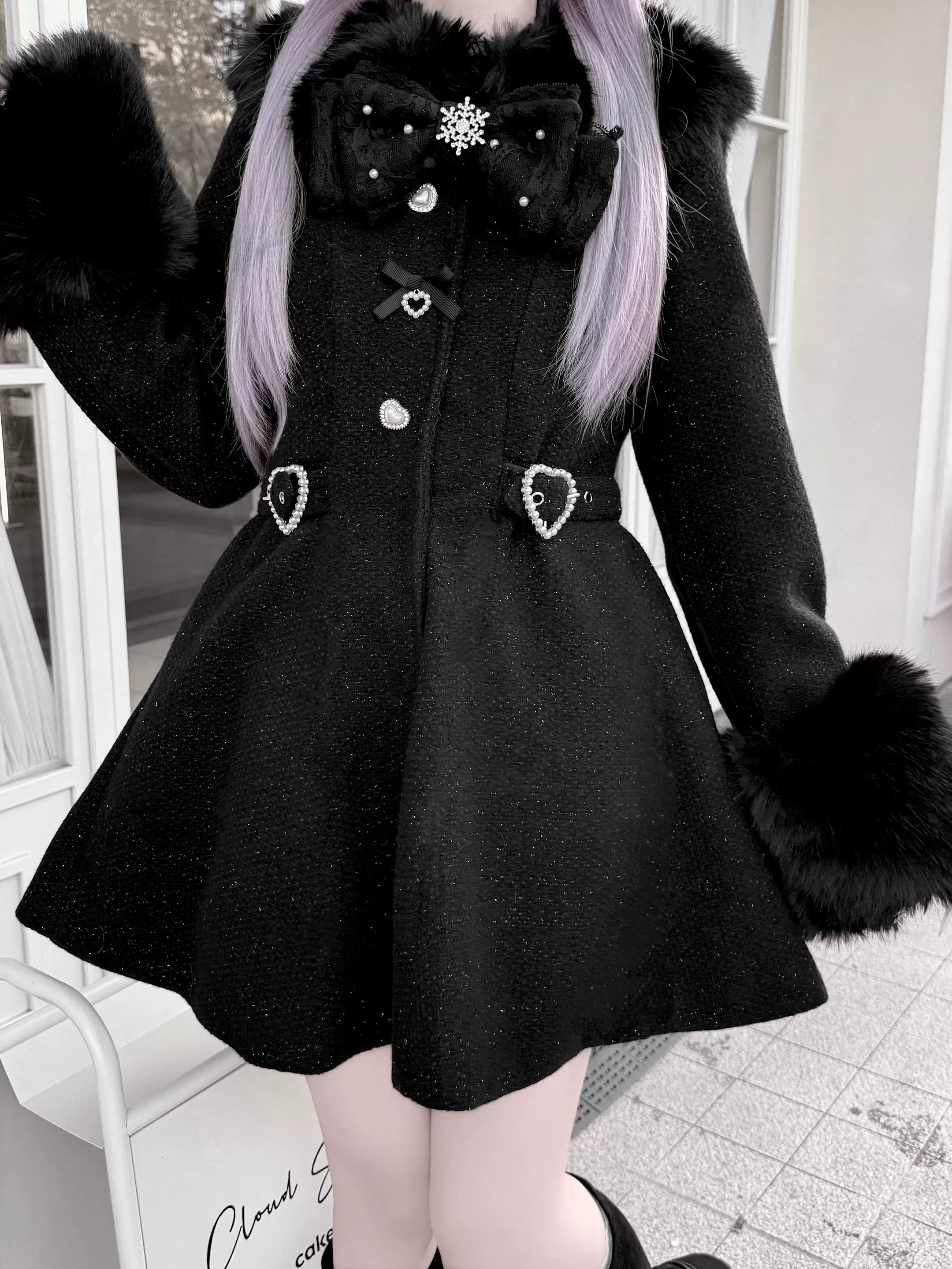 Black Ryousangata Jirai Kei coat three-quarter modeled view showing structured tweed fabric quality detachable fur elements styled aesthetic