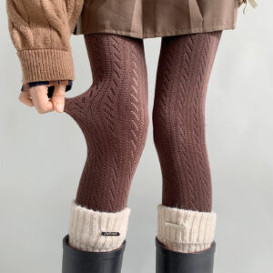 Coffee brown Jirai Kei hollow knit tights worn with camel sweater and mini skirt showing elongating effect