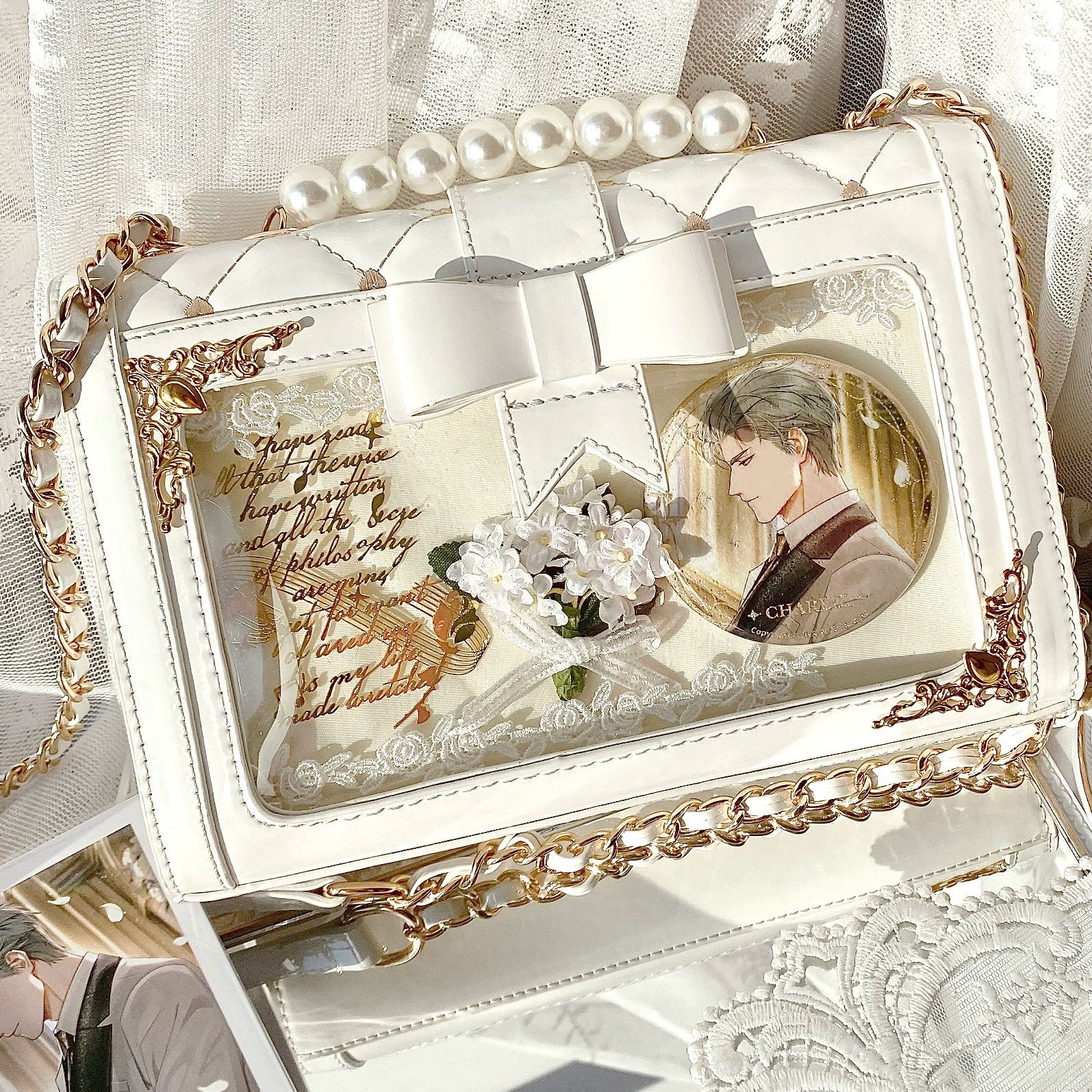 Jirai kei ita shoulder bag in wine red color with transparent display window and heart lock accent