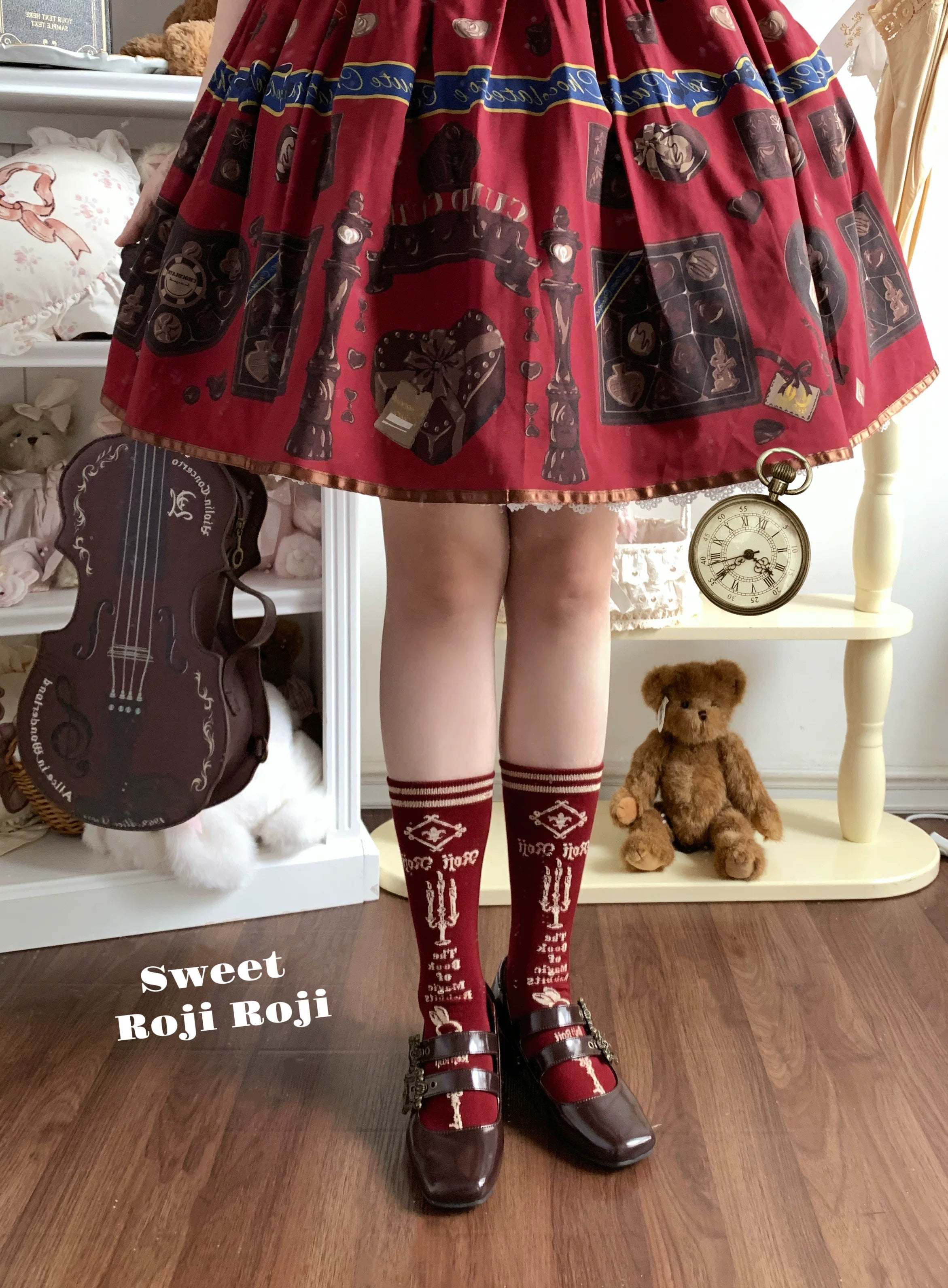 Jirai Kei red burgundy vintage mid-calf socks with printed patterns styled with teddy bear violin decor and red vintage skirt