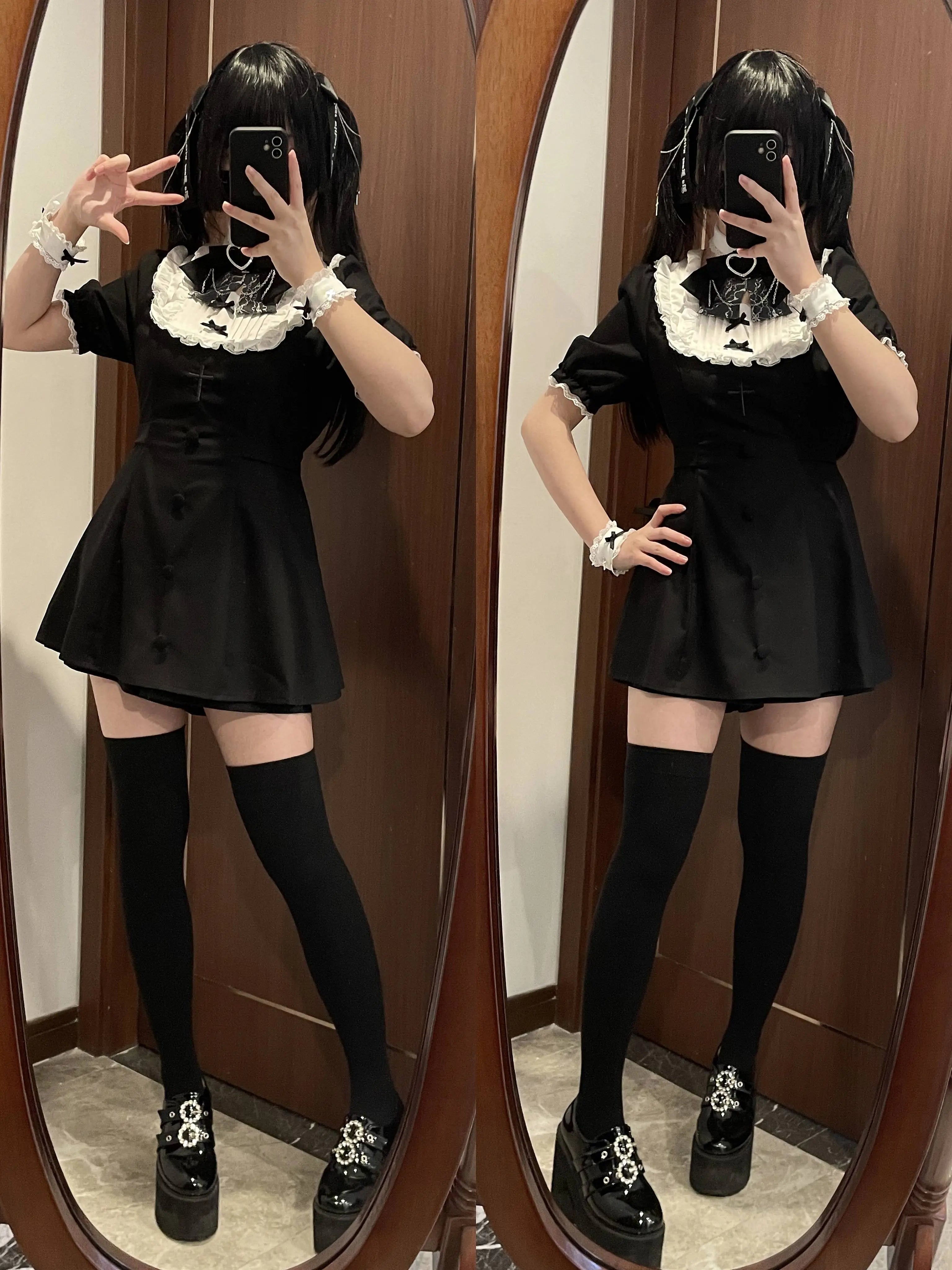 Black Jirai Kei thigh-high socks over-the-knee stockings matching dress set accessory