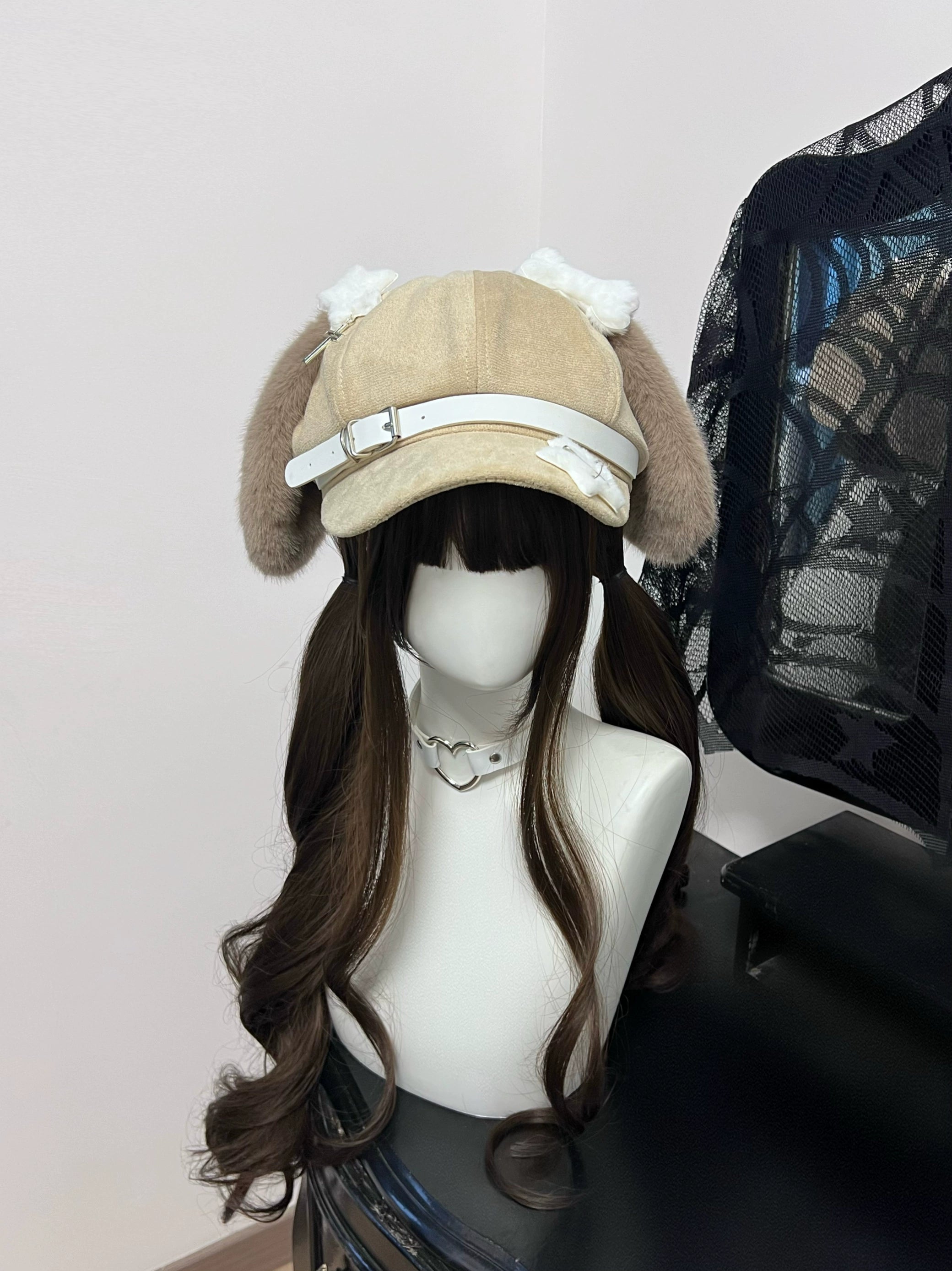Brown puppy ear newsboy cap with leather buckle Jirai Kei kawaii accessory dark wig styling showcase