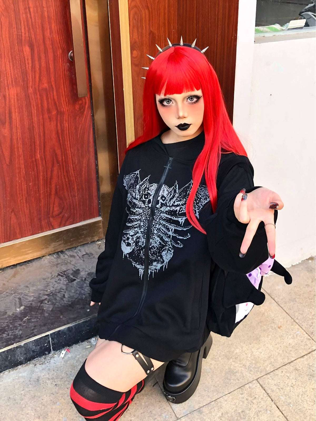 Jirai Kei blue bone wing ultra-thin hoodie in layered styling context, showing how to incorporate into complete goth punk outfit and aesthetic