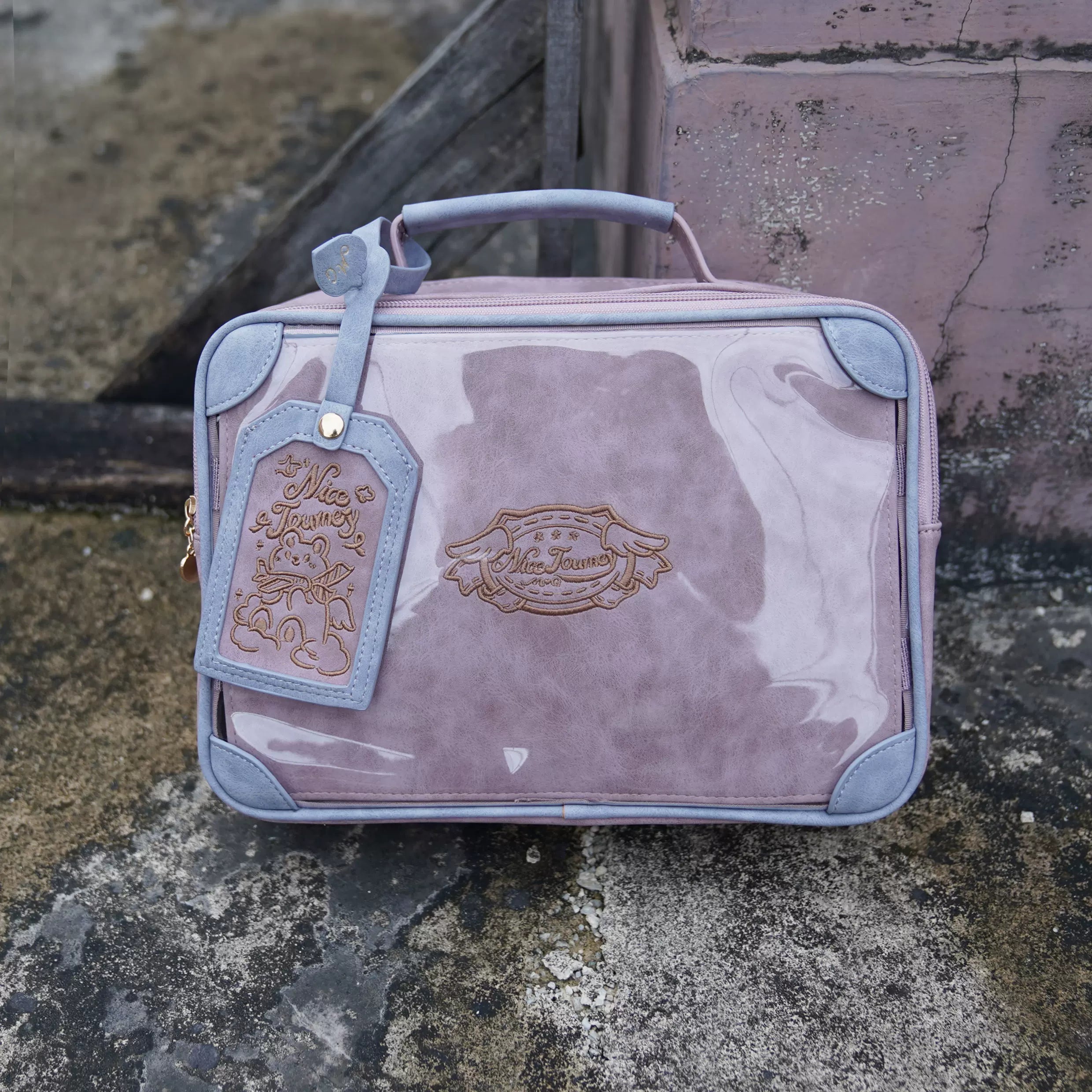 Grey purple jirai kei vintage square itabag color variant front transparent character display moody aesthetic purple-grey leather