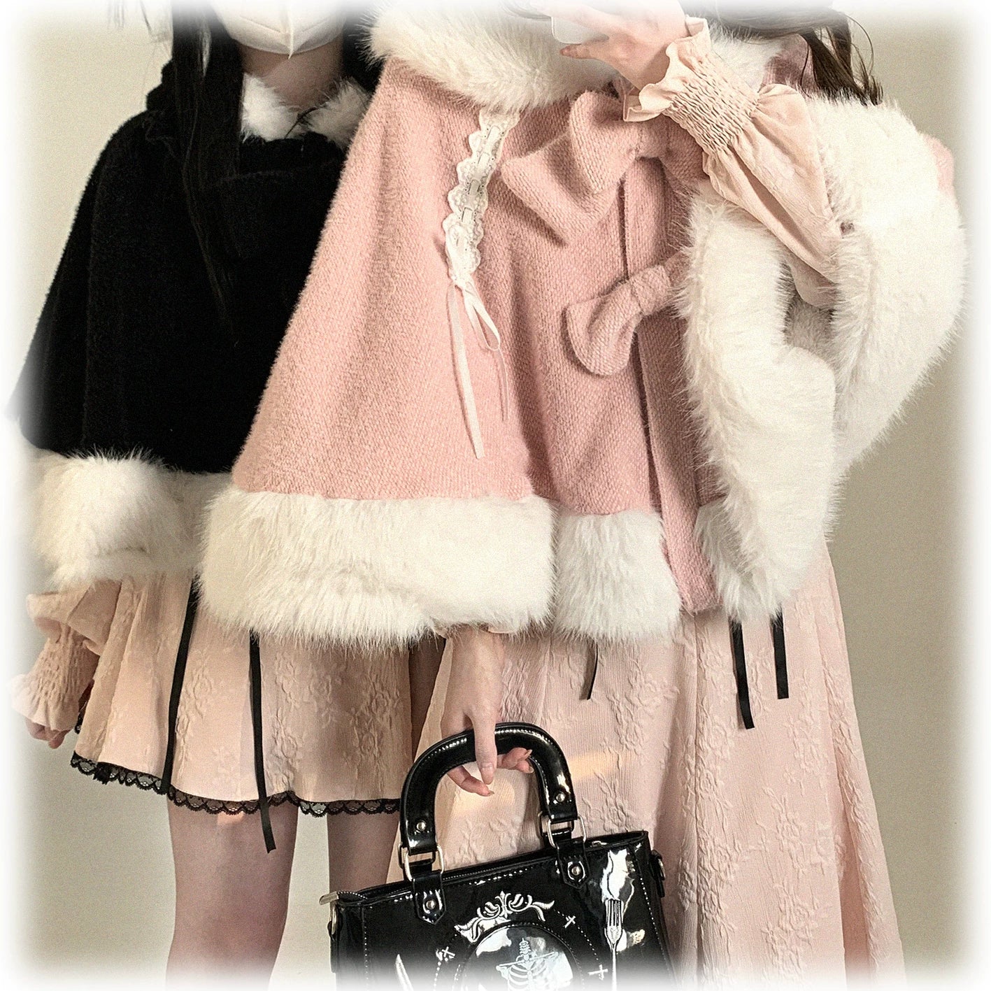 Jirai Kei bunny ear winter cape asymmetrical bow styling showing one removable bow detached for modern aesthetic