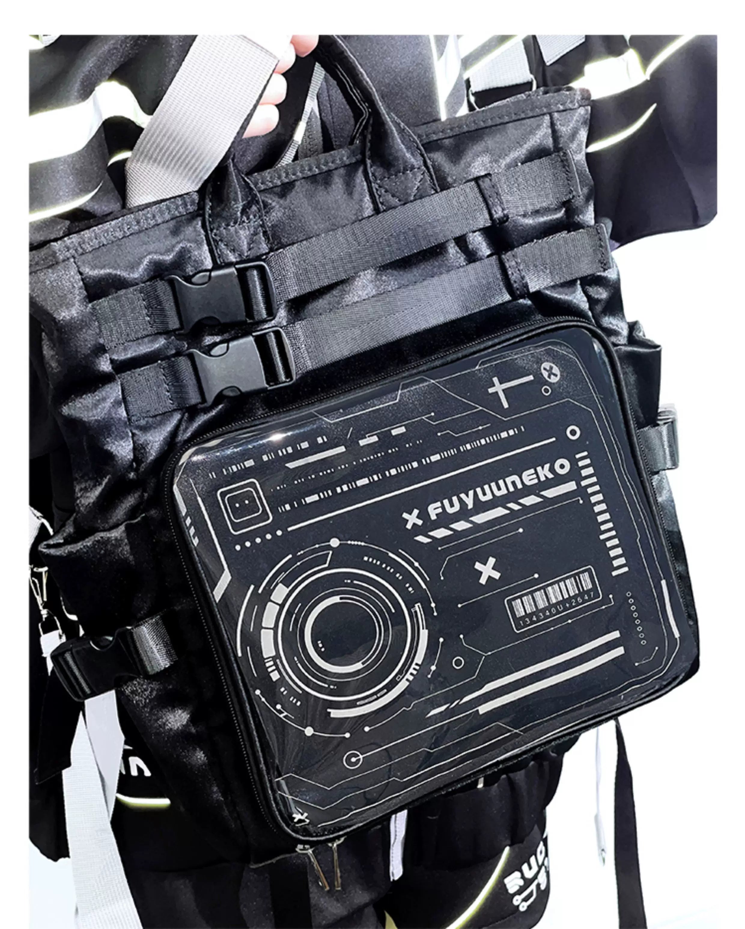 Jirai Kei ita backpack zippers and closure mechanisms close-up showing quality construction and water-resistant design features