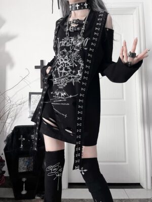 Black gothic long-sleeve Jirai Kei tee with white rebellious chest print and distressed hemline, featuring belted neck collar and cut-out shoulders for dark subculture aesthetic