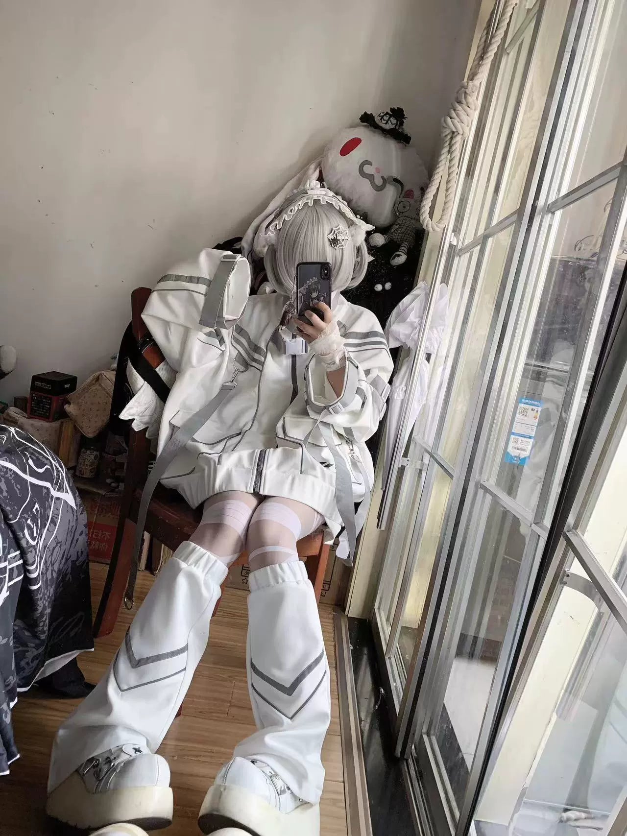 White Jirai Kei punk jacket seated mirror view cargo pocket design white leg warmers maid headwear aesthetic
