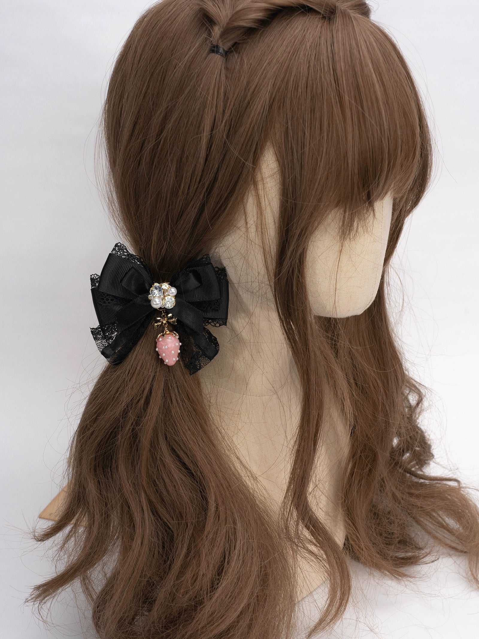 Black strawberry Jirai Kei hairpin with lace embellishment and subtle rhinestone accent individual charm
