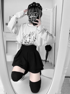White bunny print Jirai Kei gothic t-shirt with detachable long sleeves bedroom mirror photography styling
