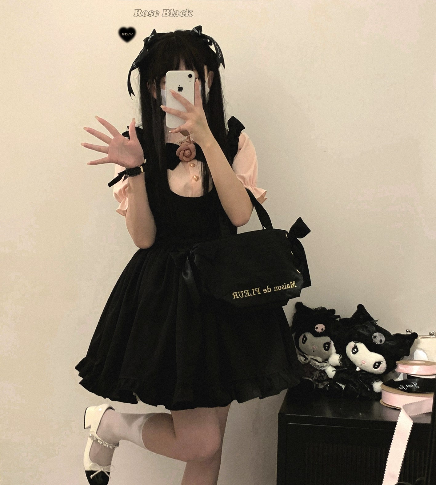 Black Jirai Kei short sleeve chiffon dress with bow neck decoration and crossbody bag, gothic twin-tailed hairstyle, full front mirror selfie with Mary Jane shoes