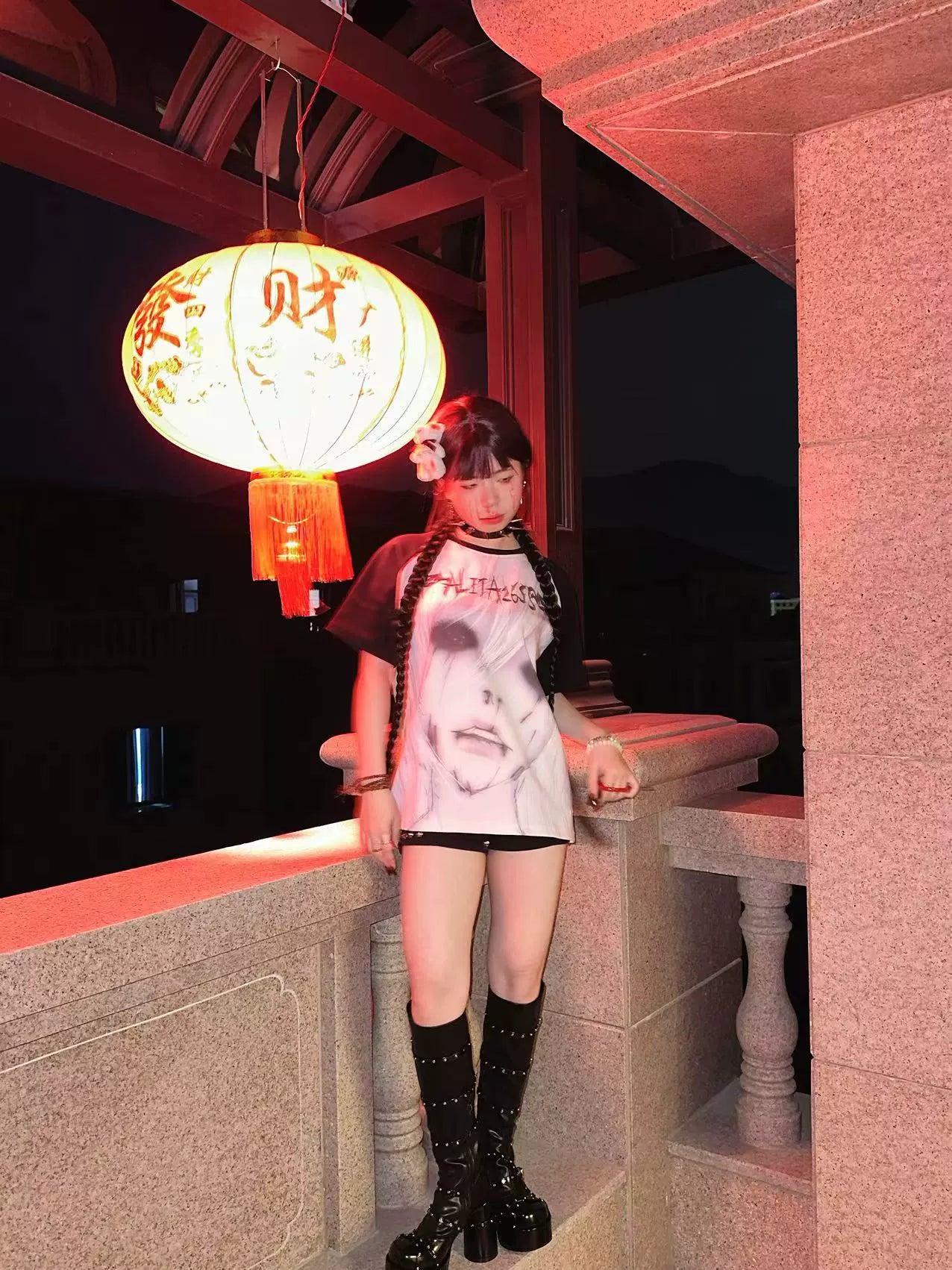 Jirai Kei summer raglan sleeve T-shirt with bold anime print worn by model with cat ear accessories and punk jewelry styling