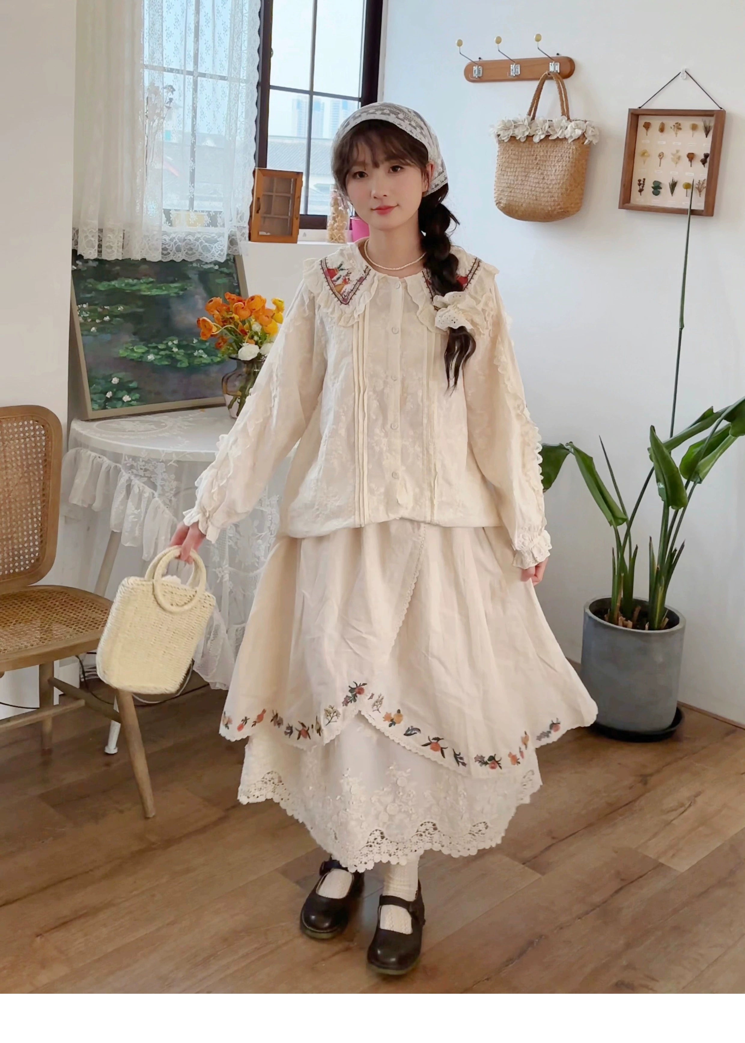Mori kei embroidered skirt built-in petticoat with cut-out floral pattern hem detail close-up