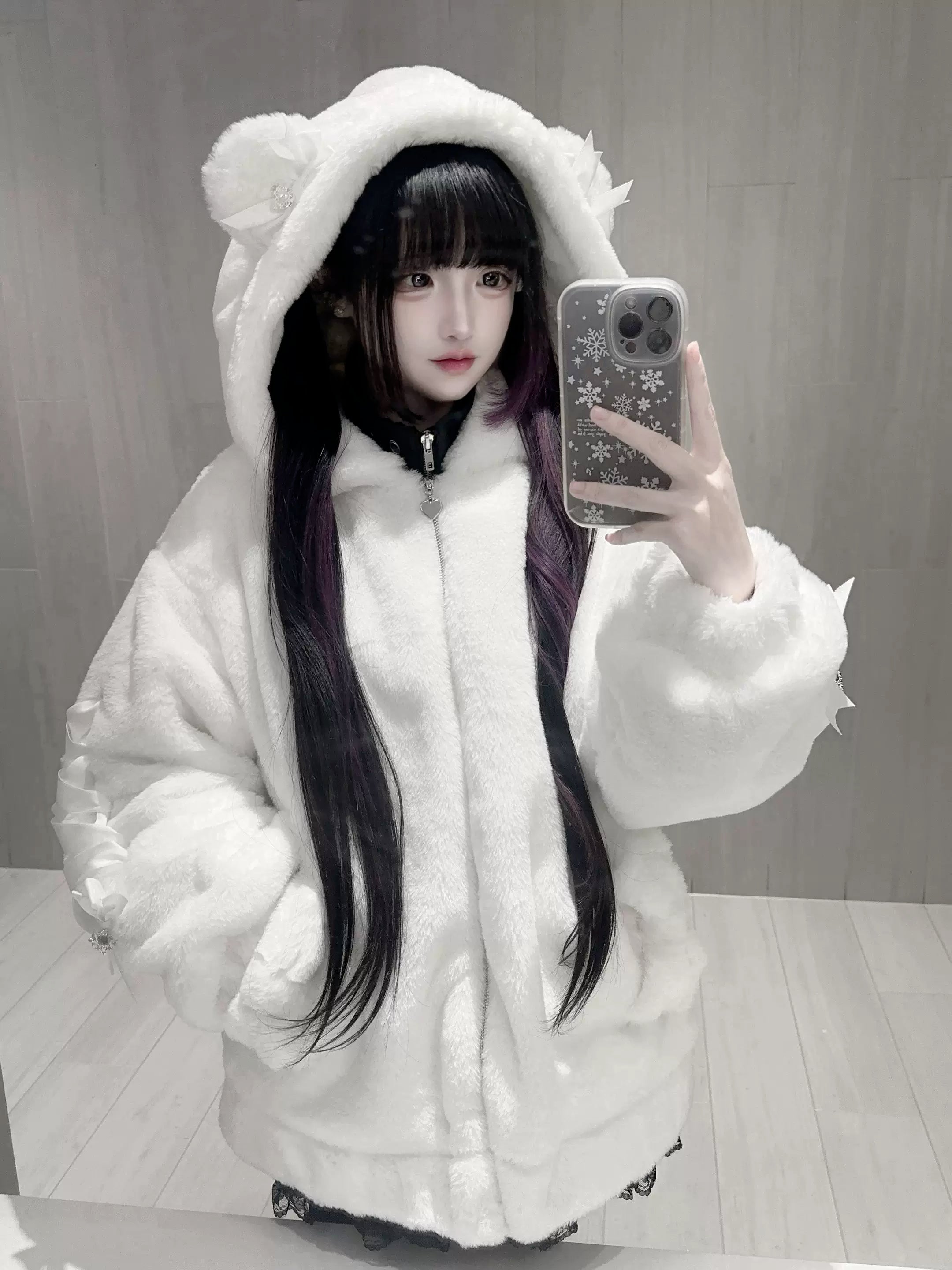 Ryousangata bear ear hoodie plush winter coat detailed shot showcasing premium faux rabbit fur exterior and construction quality