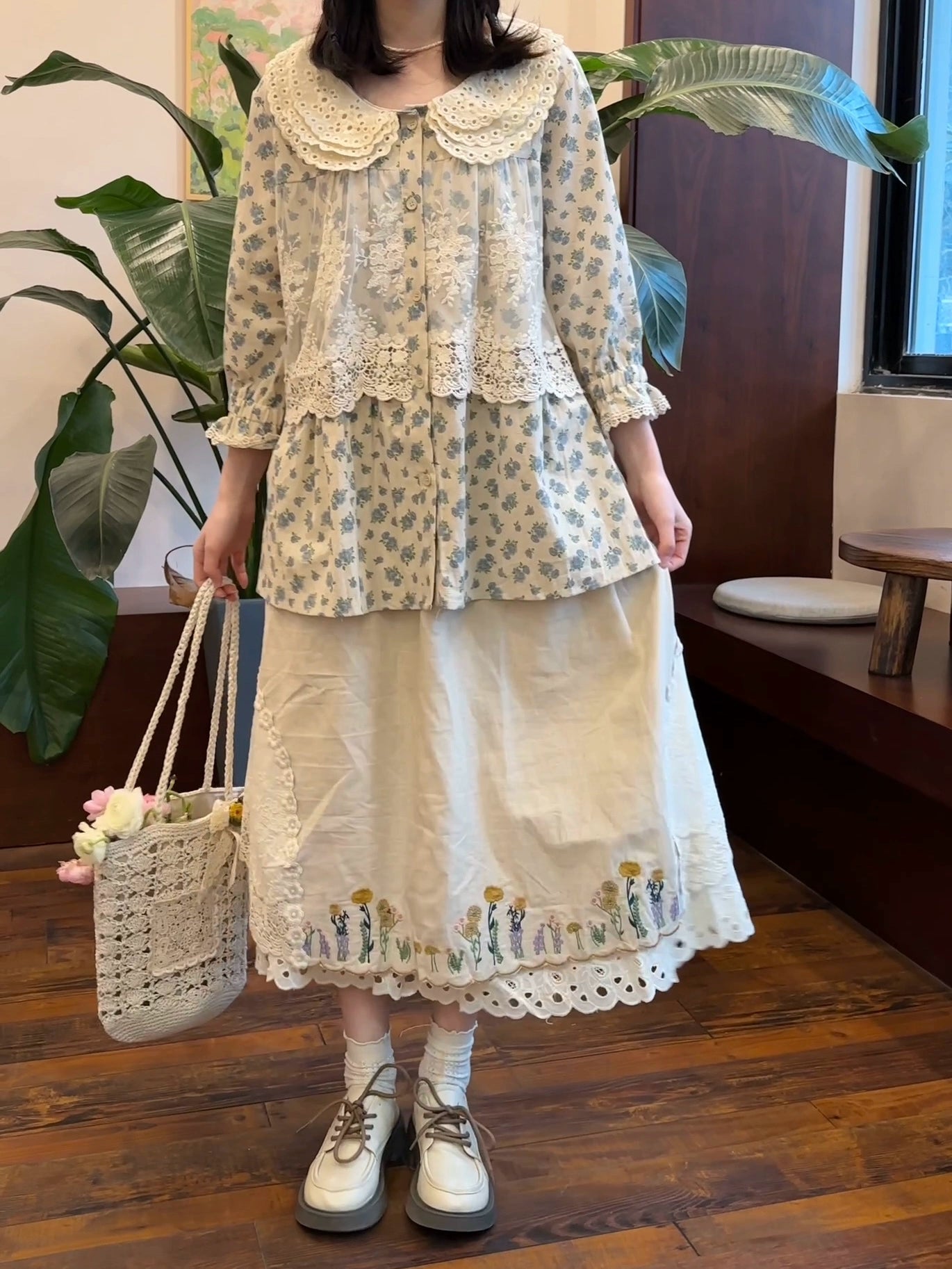 Mori kei retro two-piece set with peter pan collar floral blouse off-white embroidered skirt lace hem full body front view