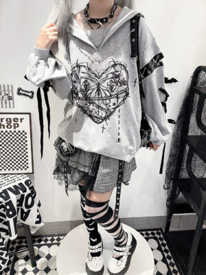 Jirai Kei gothic sailor collar outfit grey hoodie with plaid skirt striped stockings indoor retail styling