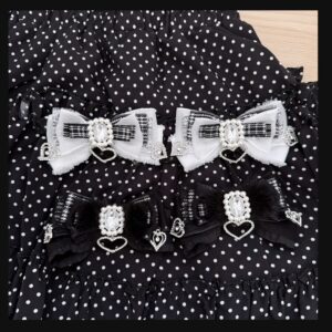 Jirai Kei fluffy black plush bow hair clips paired with white houndstooth clips displaying full collection with sparkling rhinestones and delicate lace detailing