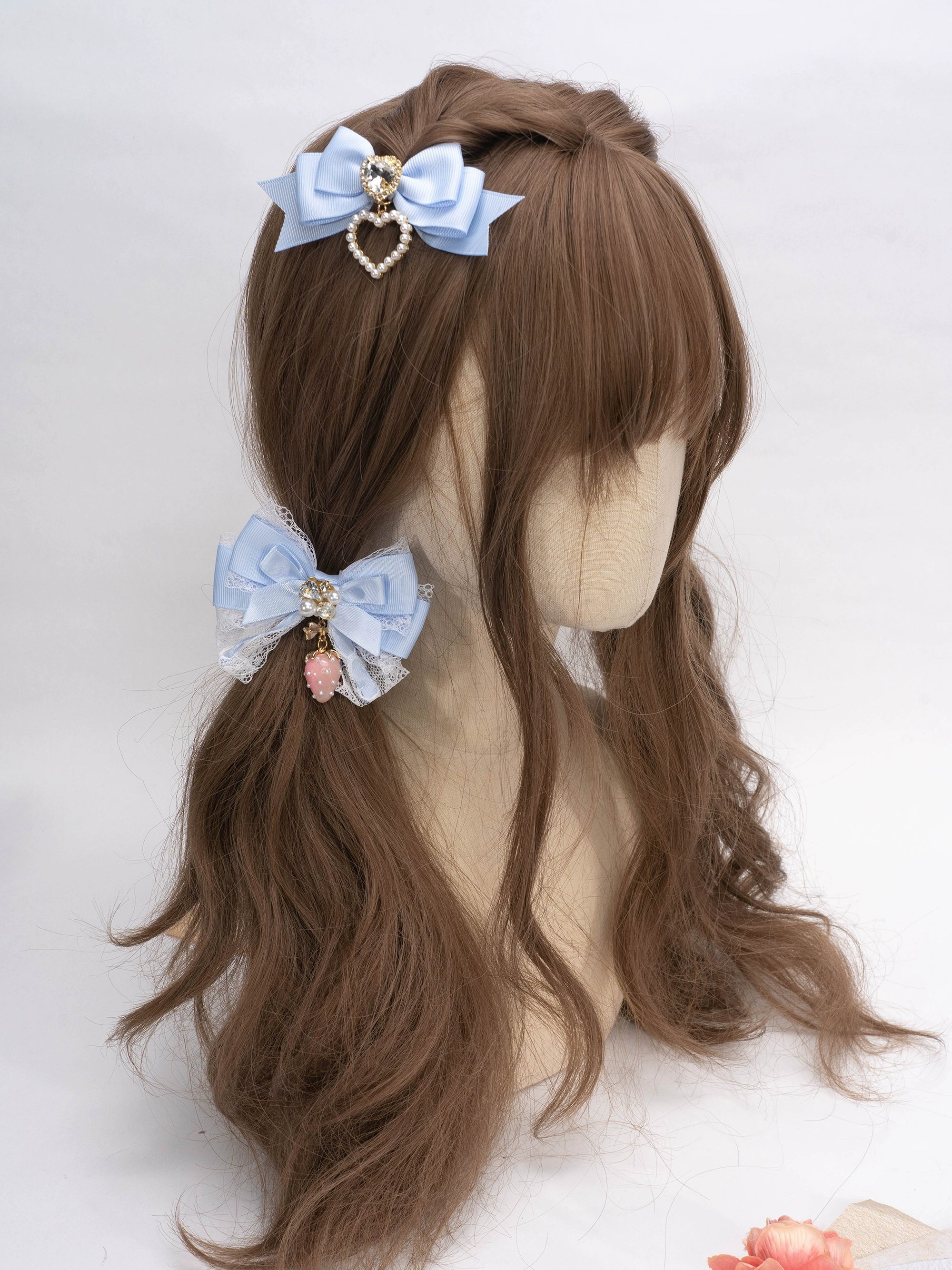 Beige cream strawberry Jirai Kei hairpin with elegant lace trim and pearl rhinestone accent piece