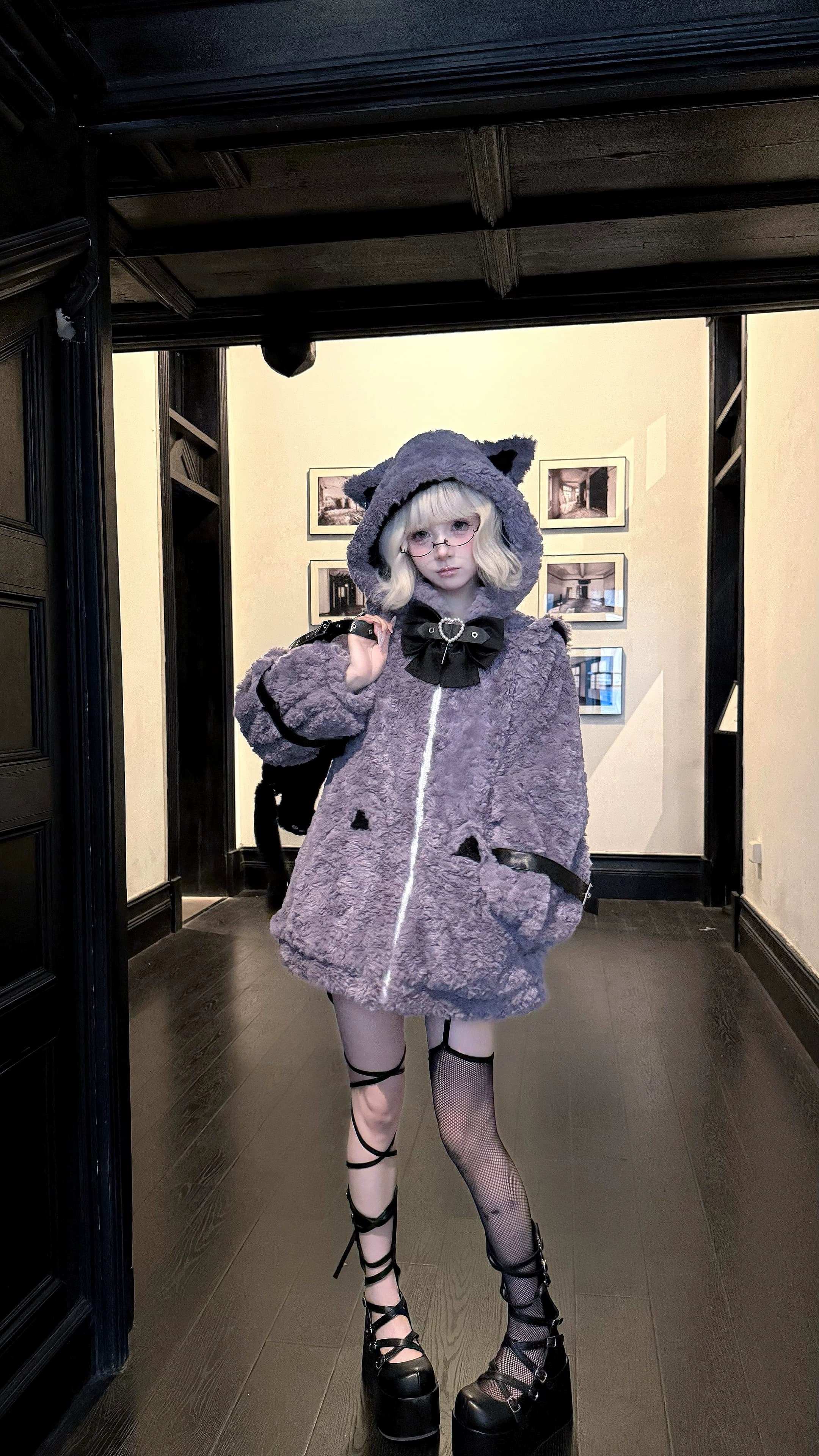 Jirai Kei cat ear fleece coat hood interior lining, showing fleece lining material, warmth construction, and water-resistant properties
