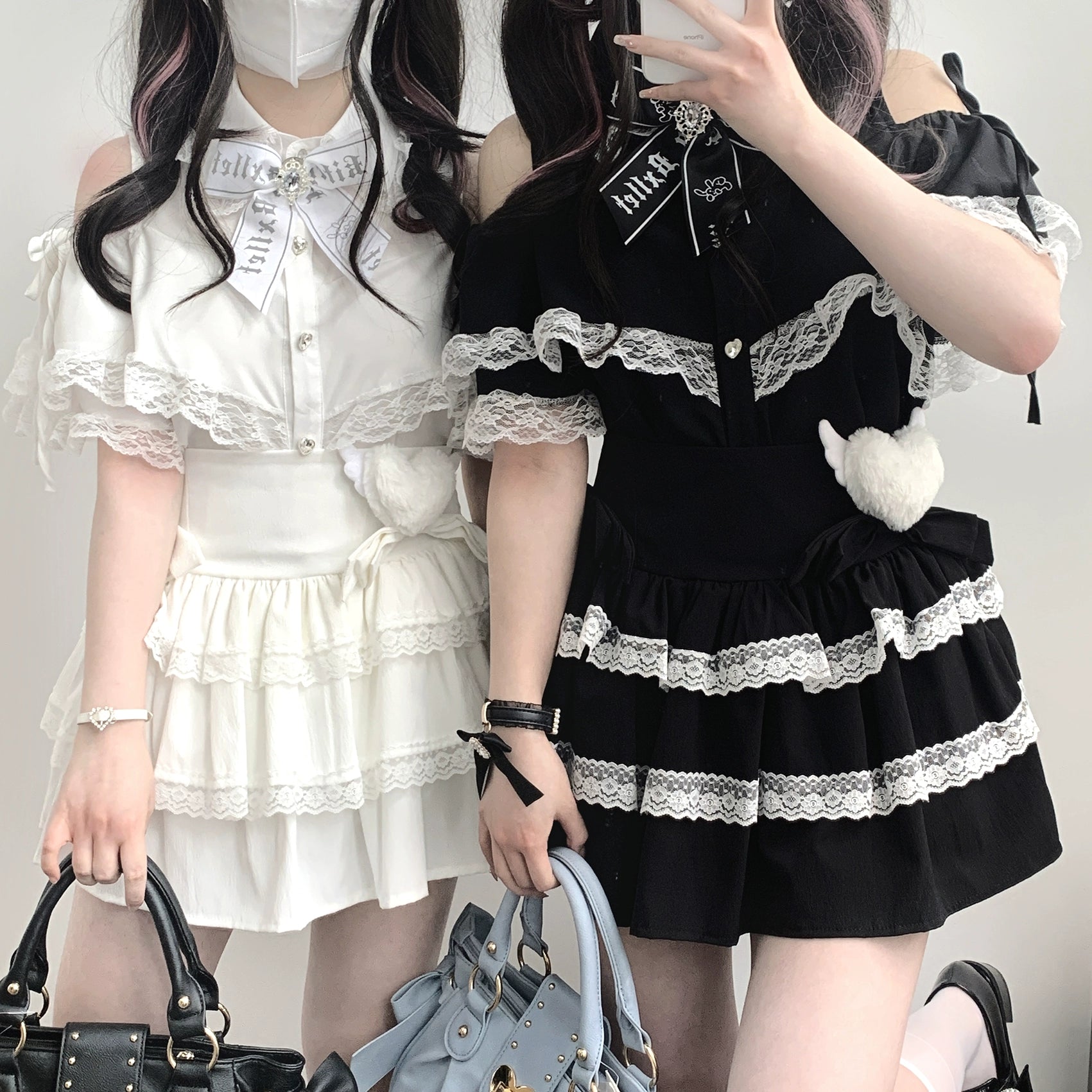 Lace off-shoulder Jirai Kei blouse with heart buttons worn with coordinating accessories full length styling view