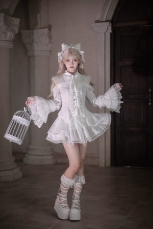 White gothic lolita hime sleeve blouse and tiered lace skirt set jirai kei two-piece outfit full front view model