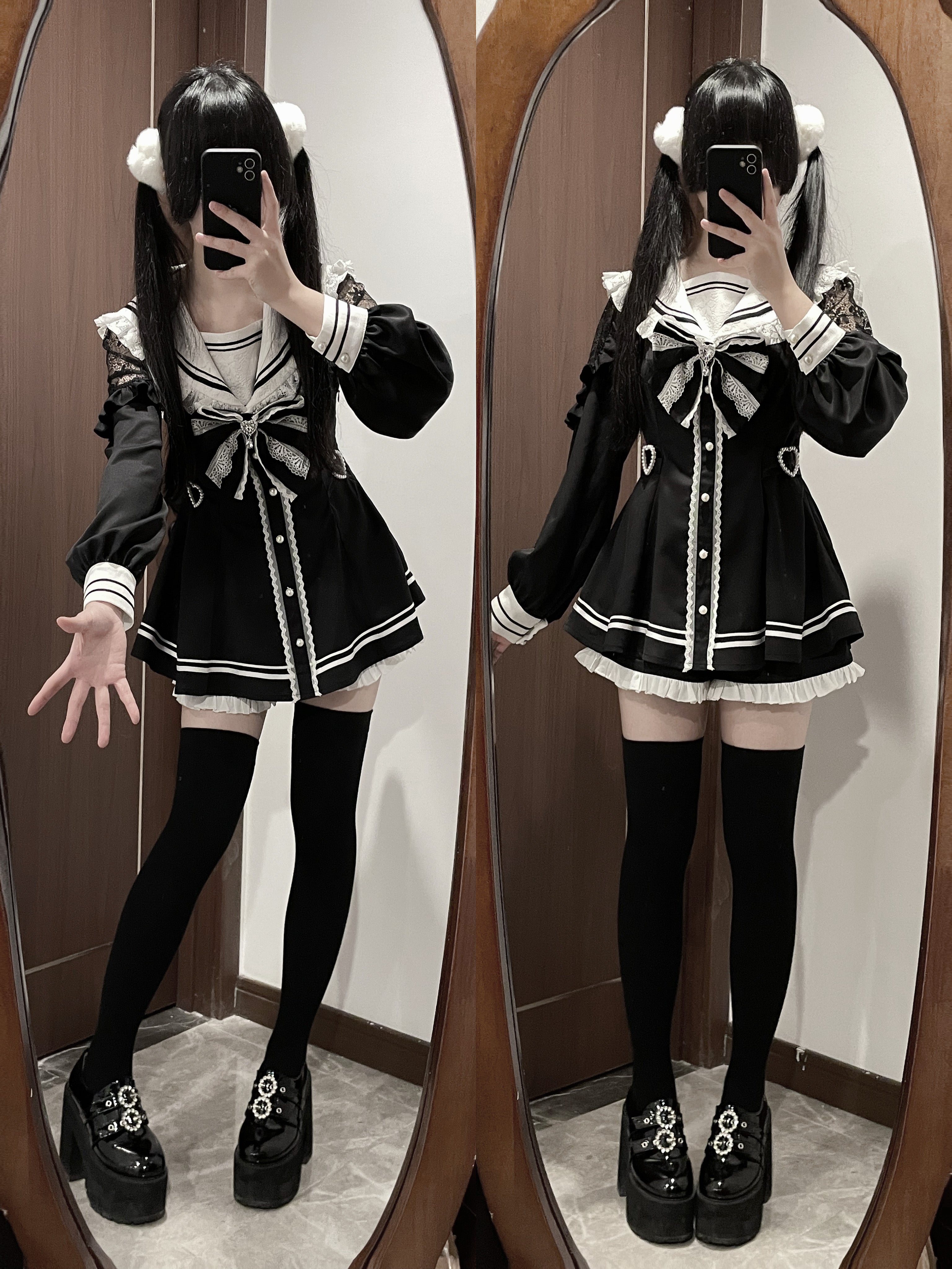 Black sailor Jirai Kei dress set twin tailed models mirror selfie extended hand pose matching platform shoes
