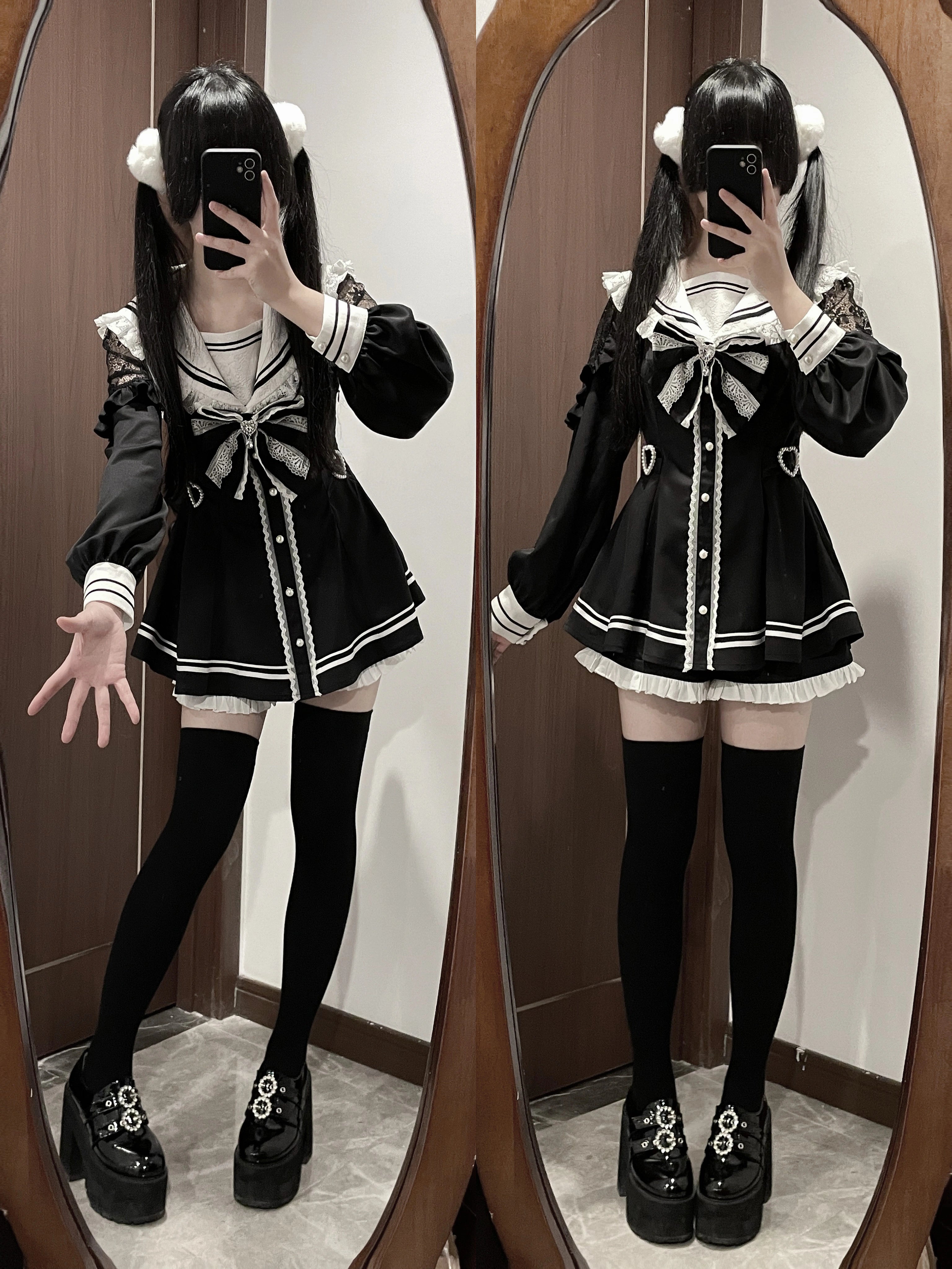 Sailor Jirai Kei dress set model wearing with platform shoes and accessories close-up styling detail