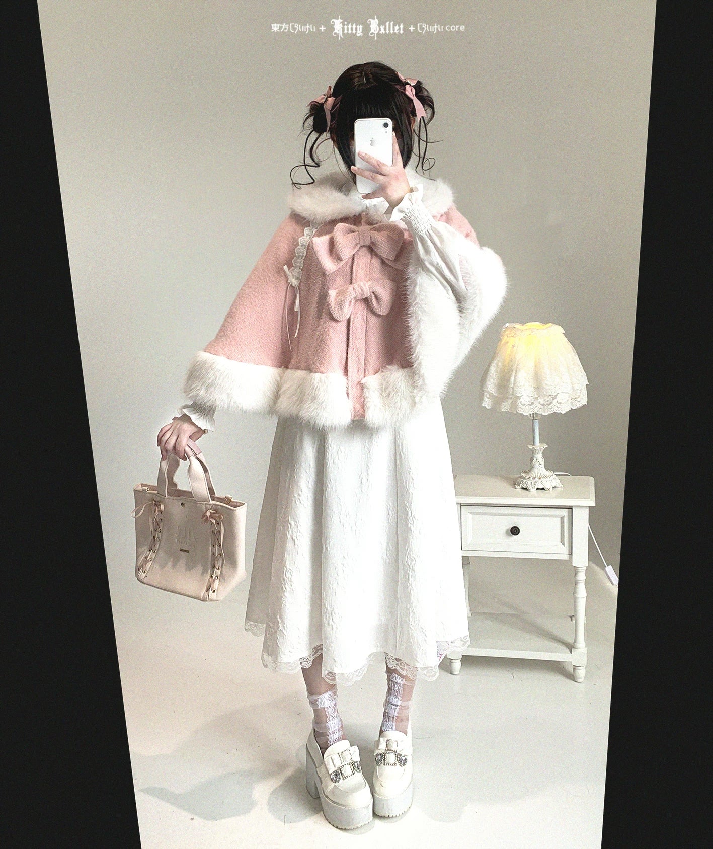 Jirai Kei bunny ear winter cape polar fleece lining warmth demonstration showing thermal insulation properties