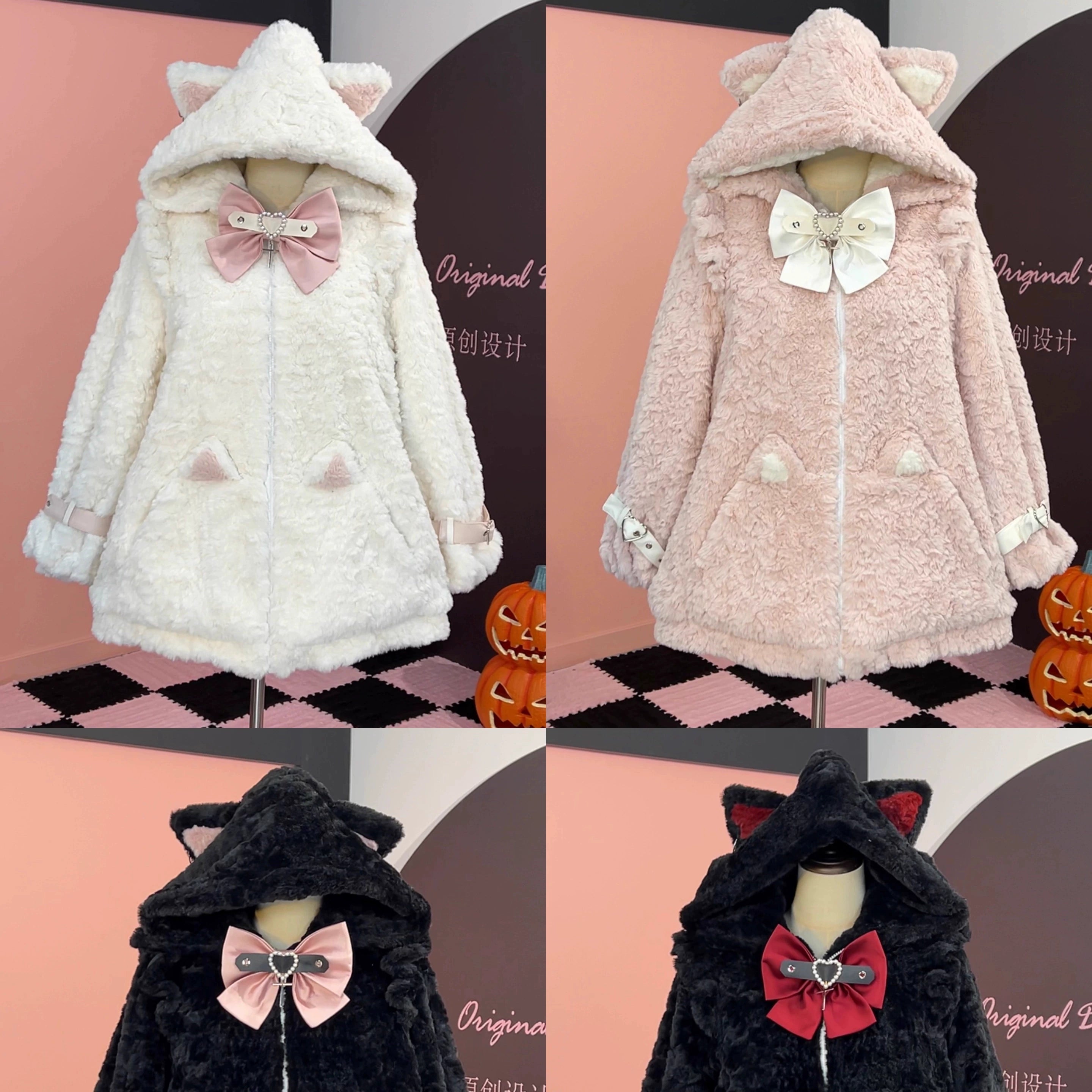 Jirai Kei cat ear fleece coat color swatch display showing multiple color options and bow decoration variations available