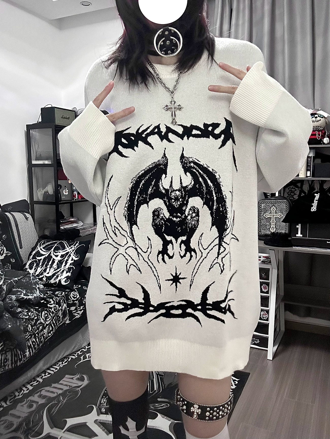 White bat graphic sweater back side view highlighting embroidery placement and oversized silhouette jirai style