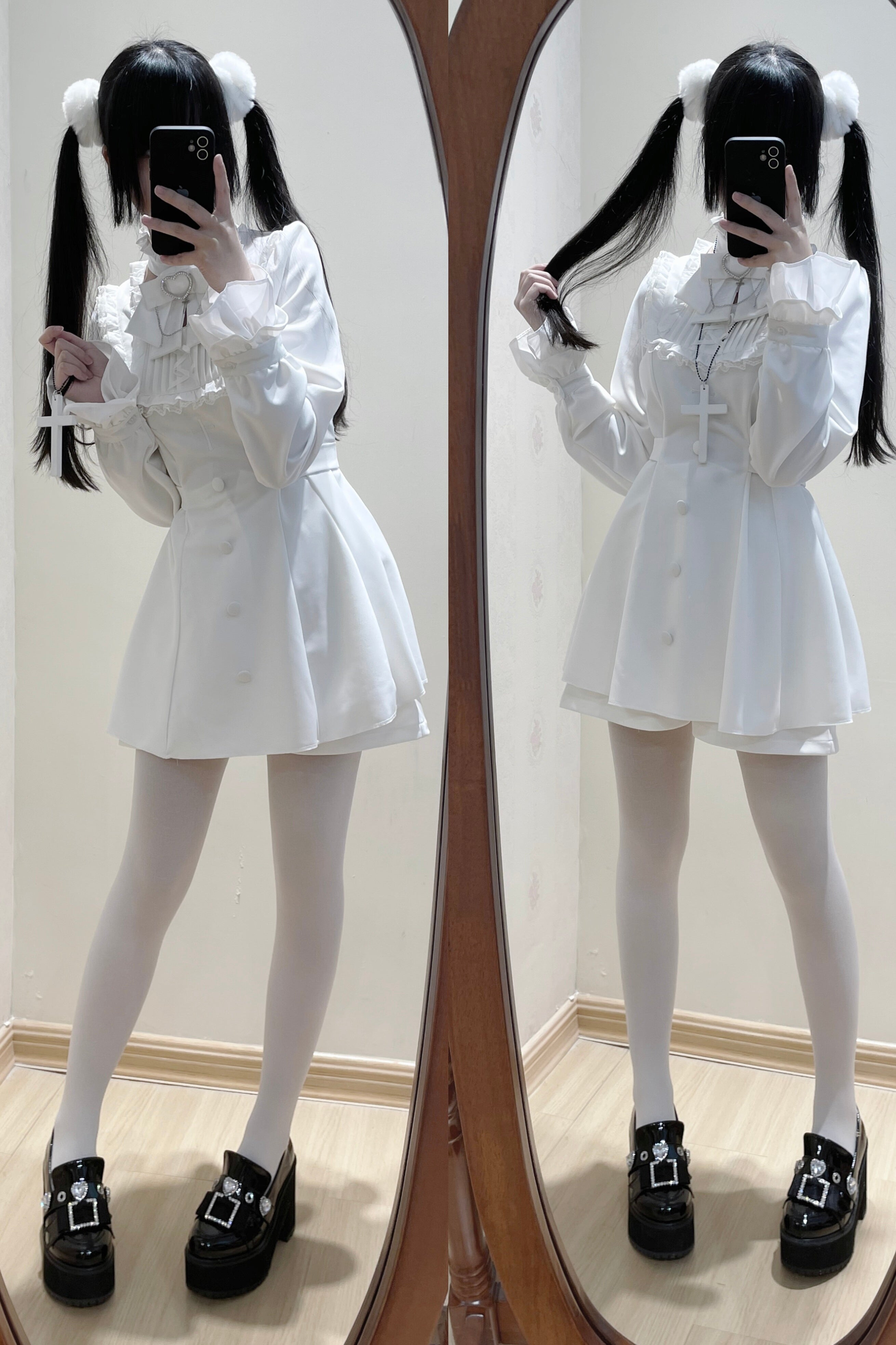 Pure white Jirai Kei dress set with flared cuffs without cuff bow soft romantic ethereal colorway size range