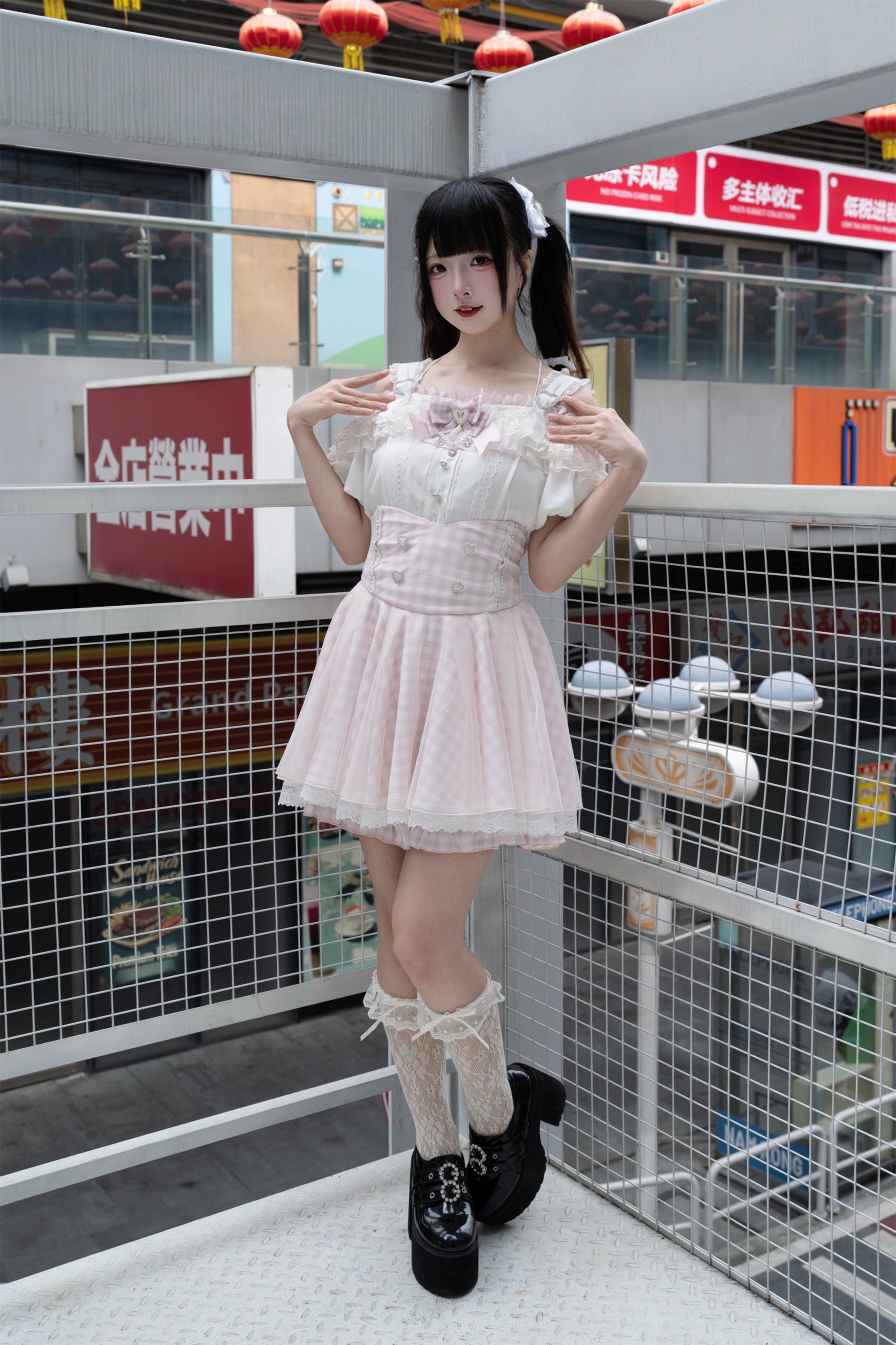 Full-body front view ryousangata two-piece set off-shoulder halter blouse with crystalline details pink gingham high-waisted skirt white platform heels