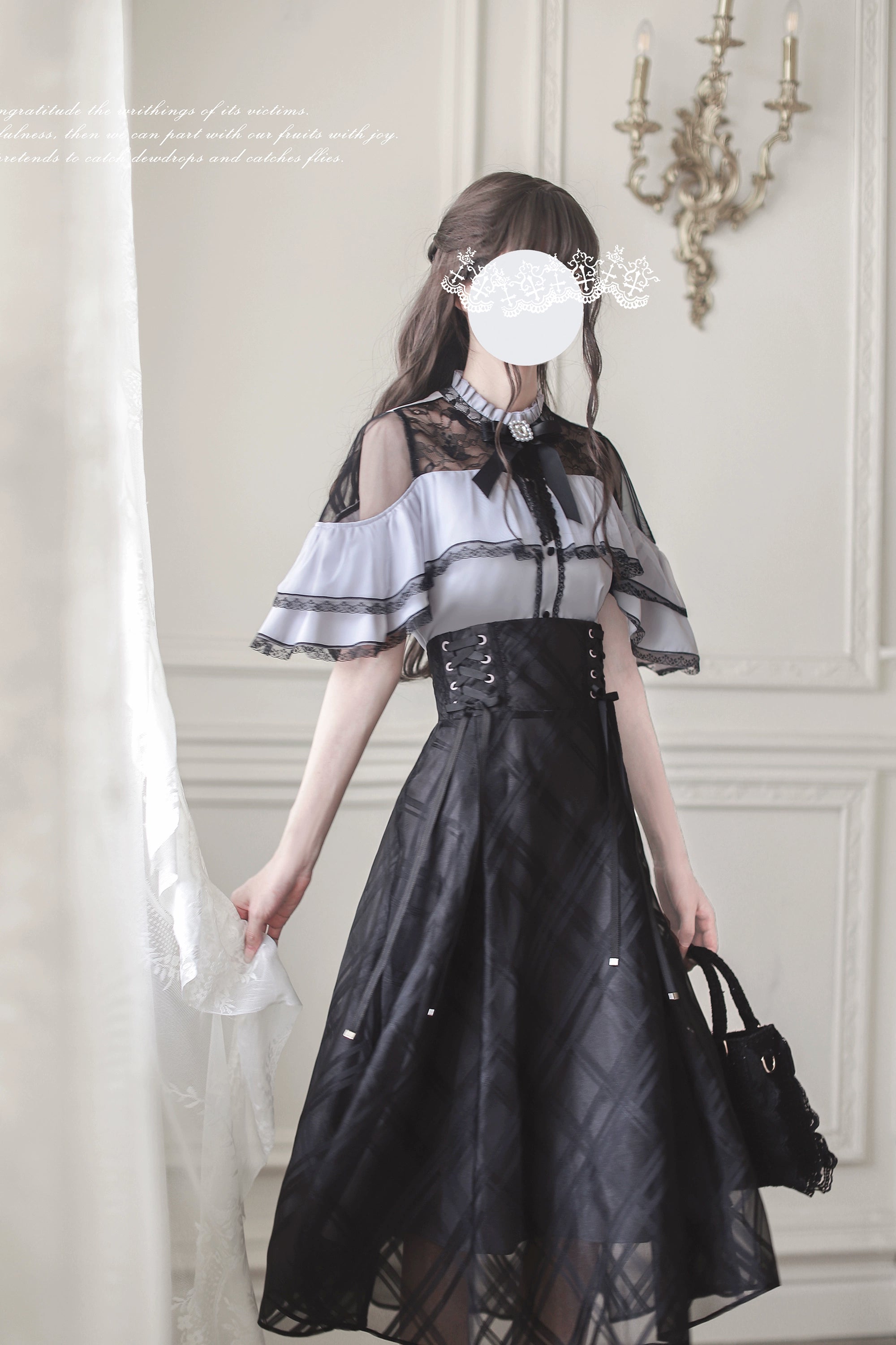 Jirai Kei outfit set three-quarter front view with floral hair accessory, holding handbag strap in classic vintage indoor room with elegant decor