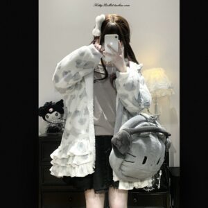 Kawaii Jirai Kei winter coat half-body mirror selfie layered ruffled hem matching plush backpack aesthetic styling