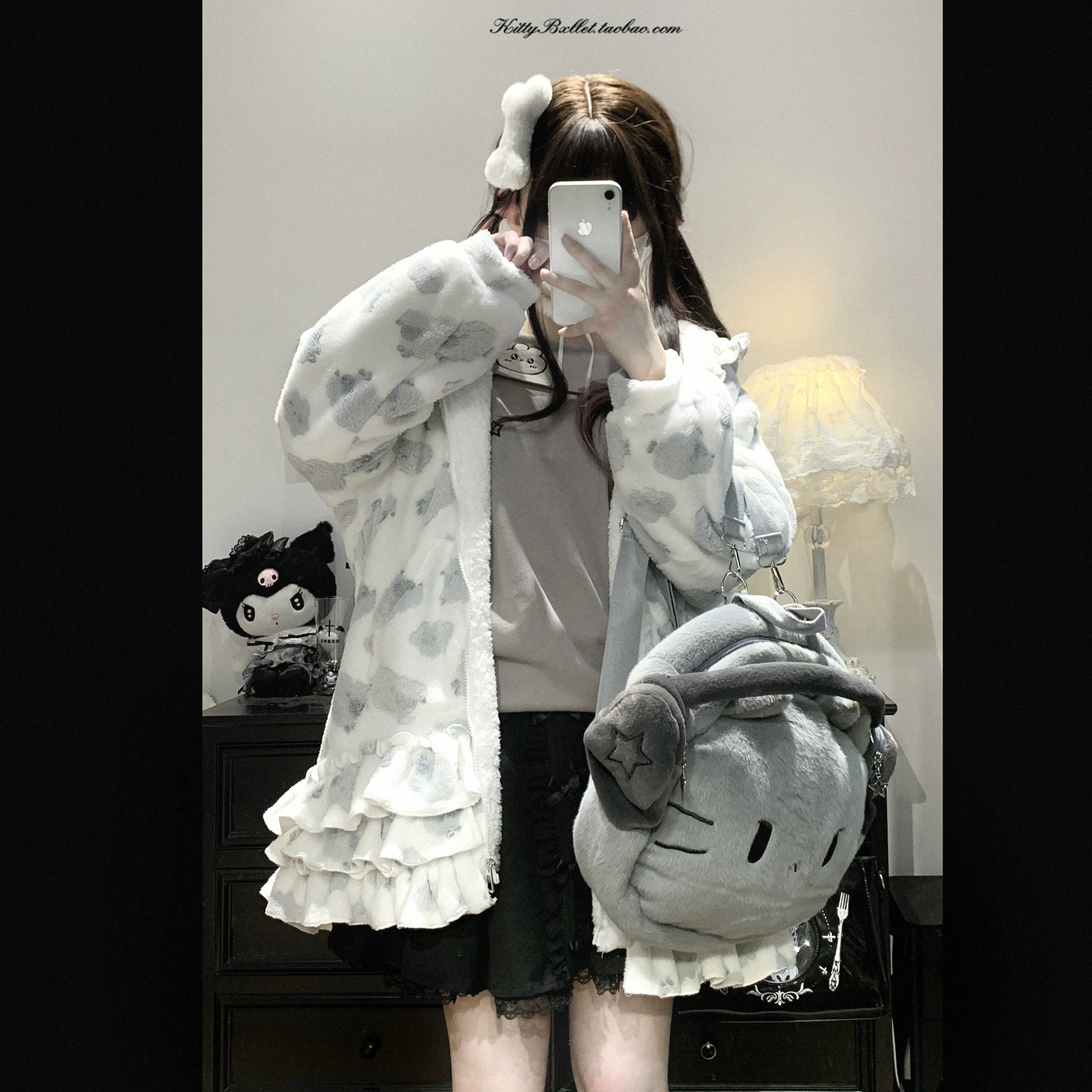 Kawaii Jirai Kei winter coat half-body mirror selfie layered ruffled hem matching plush backpack aesthetic styling
