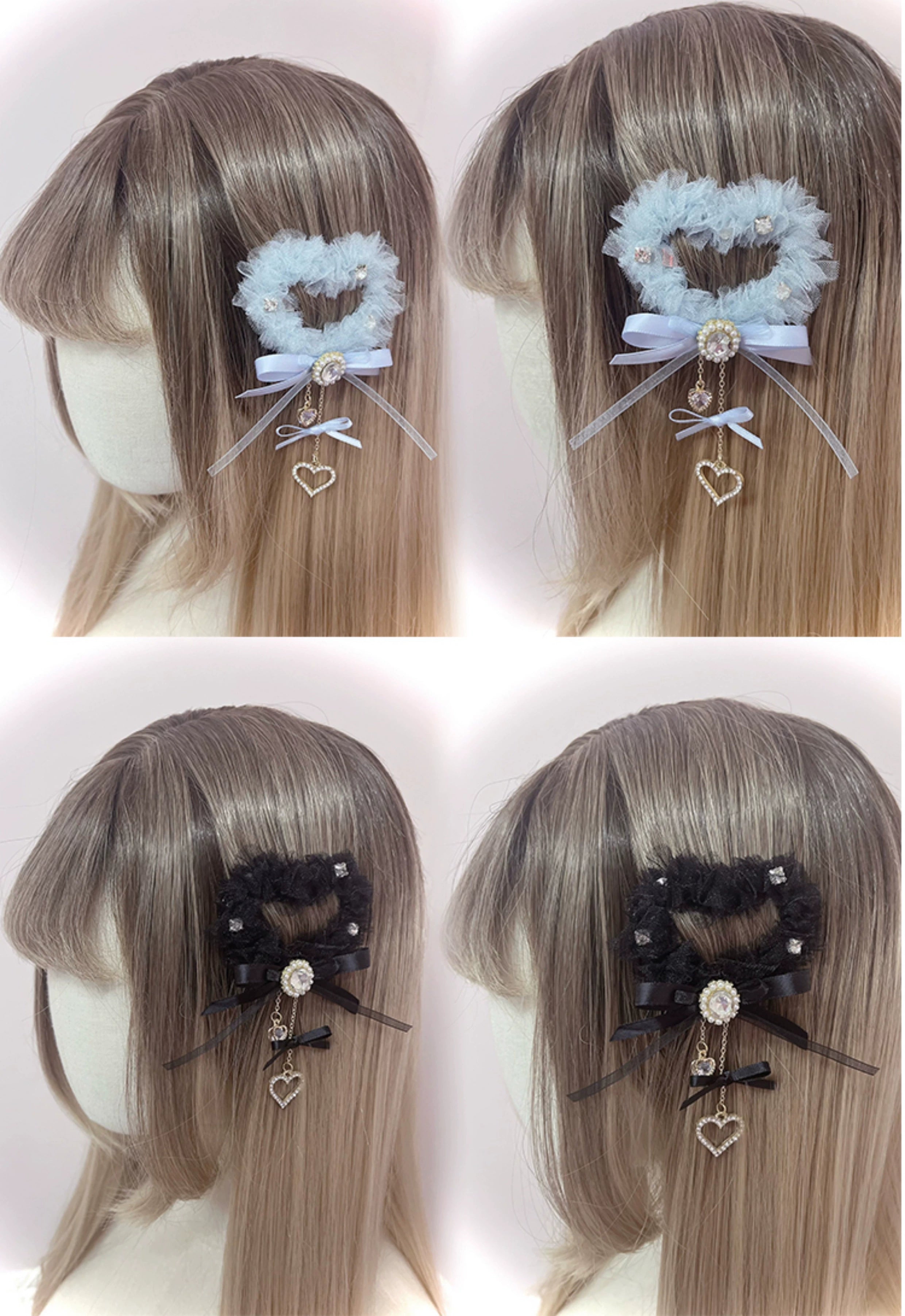 Ryousangata heart-shaped tulle hair clip collection showcasing rhinestone pearl details and aesthetic design elements