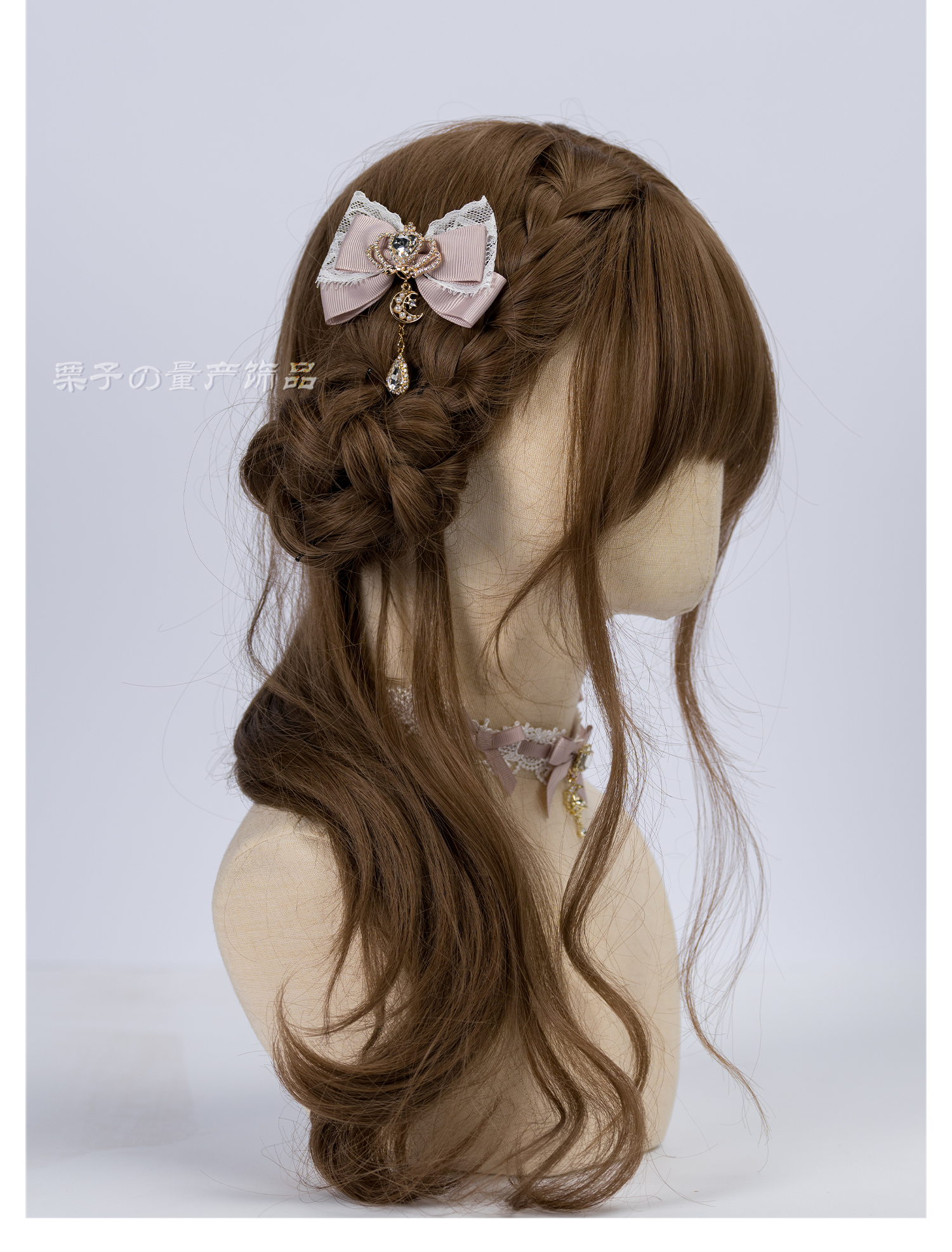 Light water pink Jirai Kei bow hair clips subtle pastel shade with pearl chain delicate styling