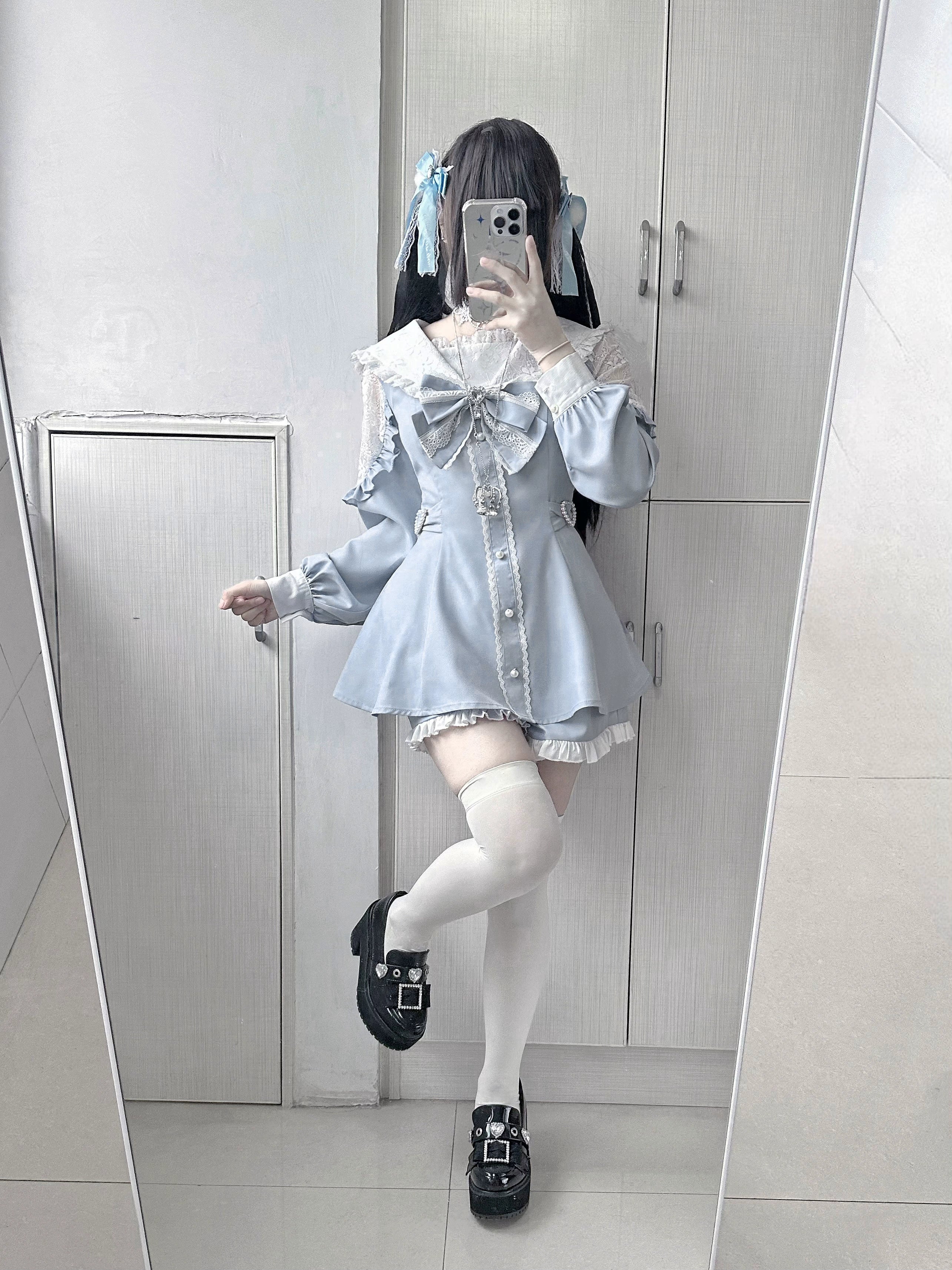 Sailor Jirai Kei dress set fabric texture detail 100 percent polyester material close-up photography